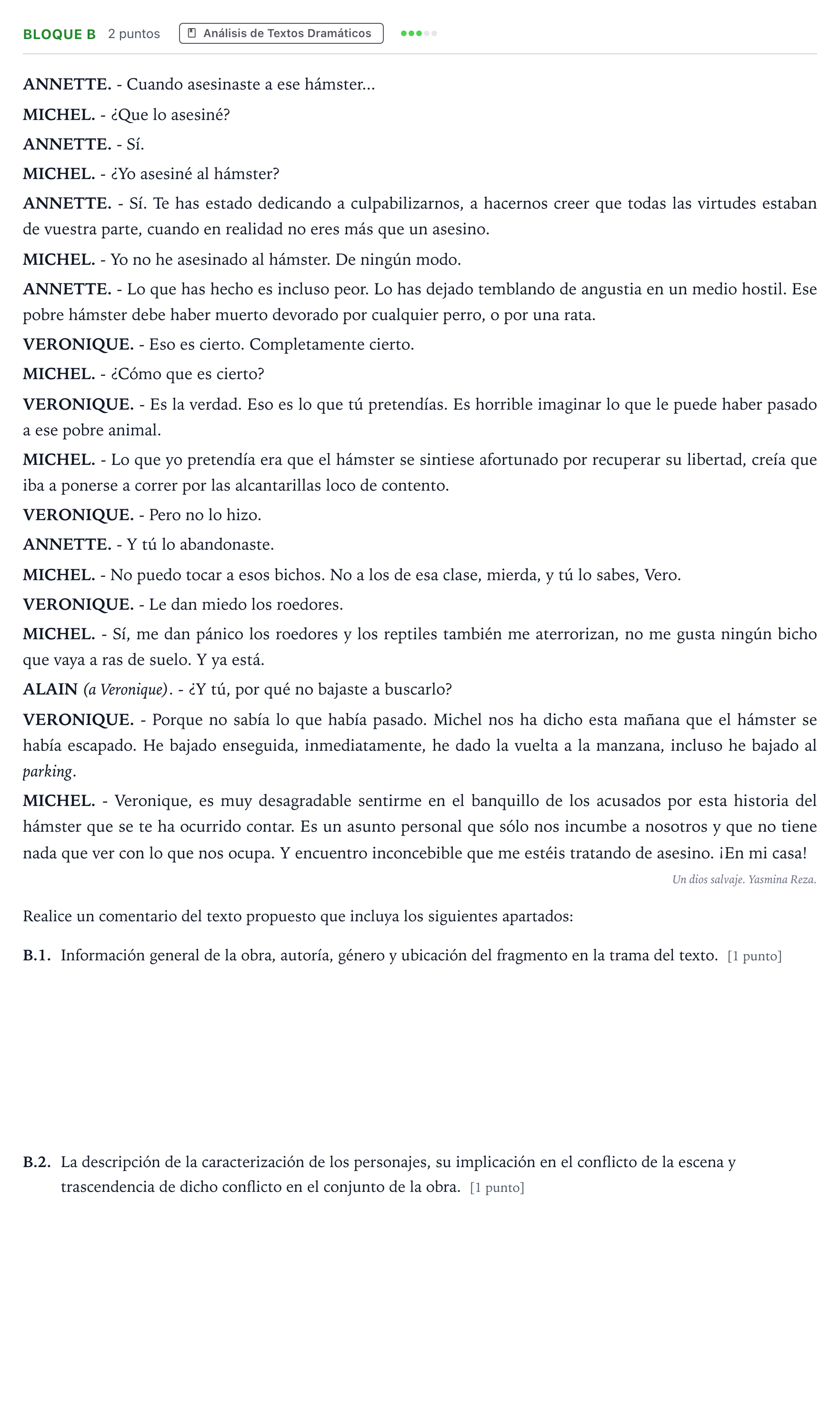 Enunciado: Bloque B - Análisis de Textos Dramáticos · Artes Escénicas PAU Andalucía Ordinaria Titular 2026