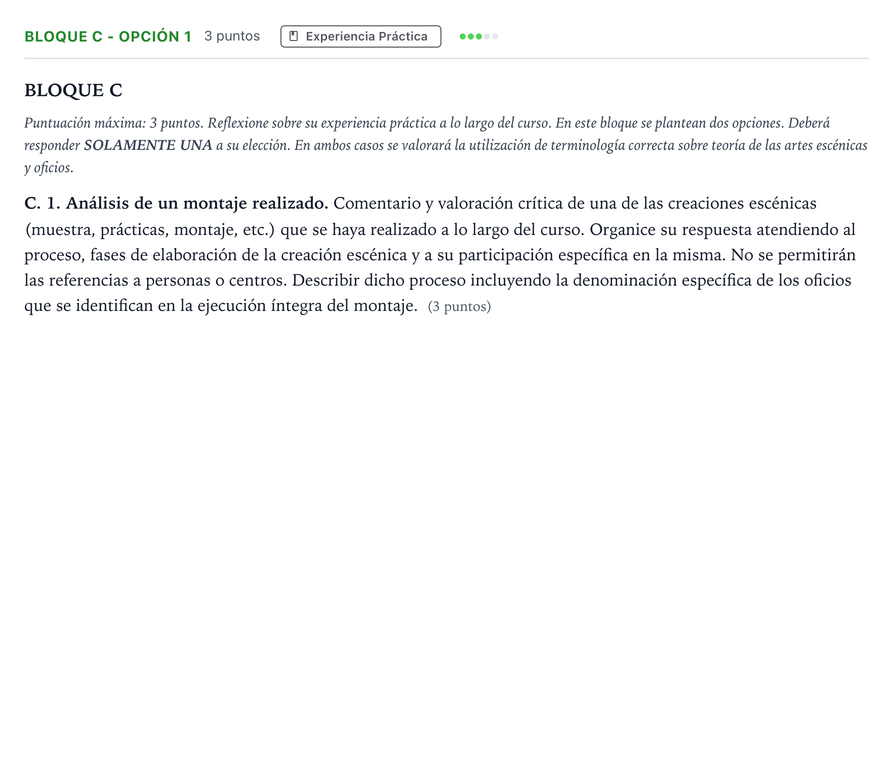 Enunciado: Bloque C - Opción 1 · Artes Escénicas PAU Andalucía Ordinaria Titular 2026