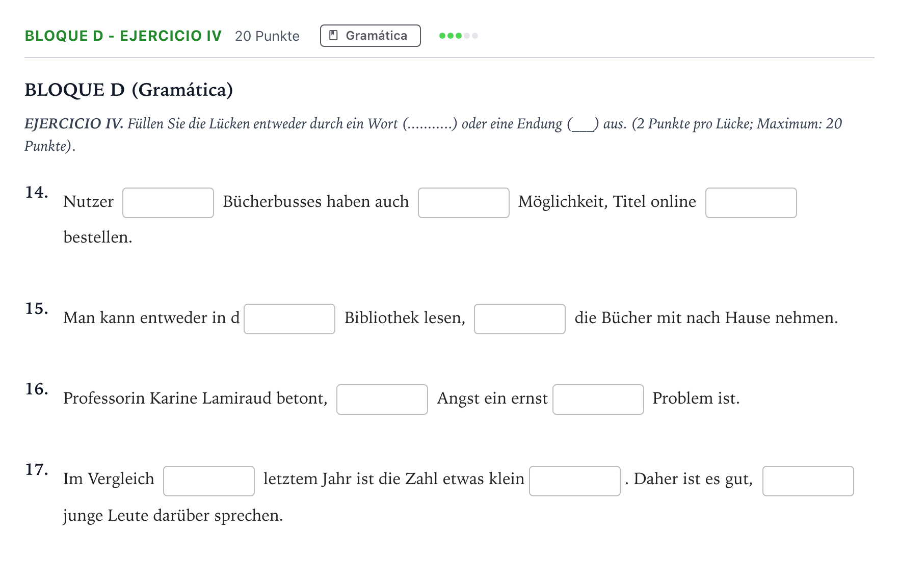 Enunciado: Bloque D - Ejercicio IV · Alemán PAU Andalucía Ordinaria Titular (Acceso) 2026