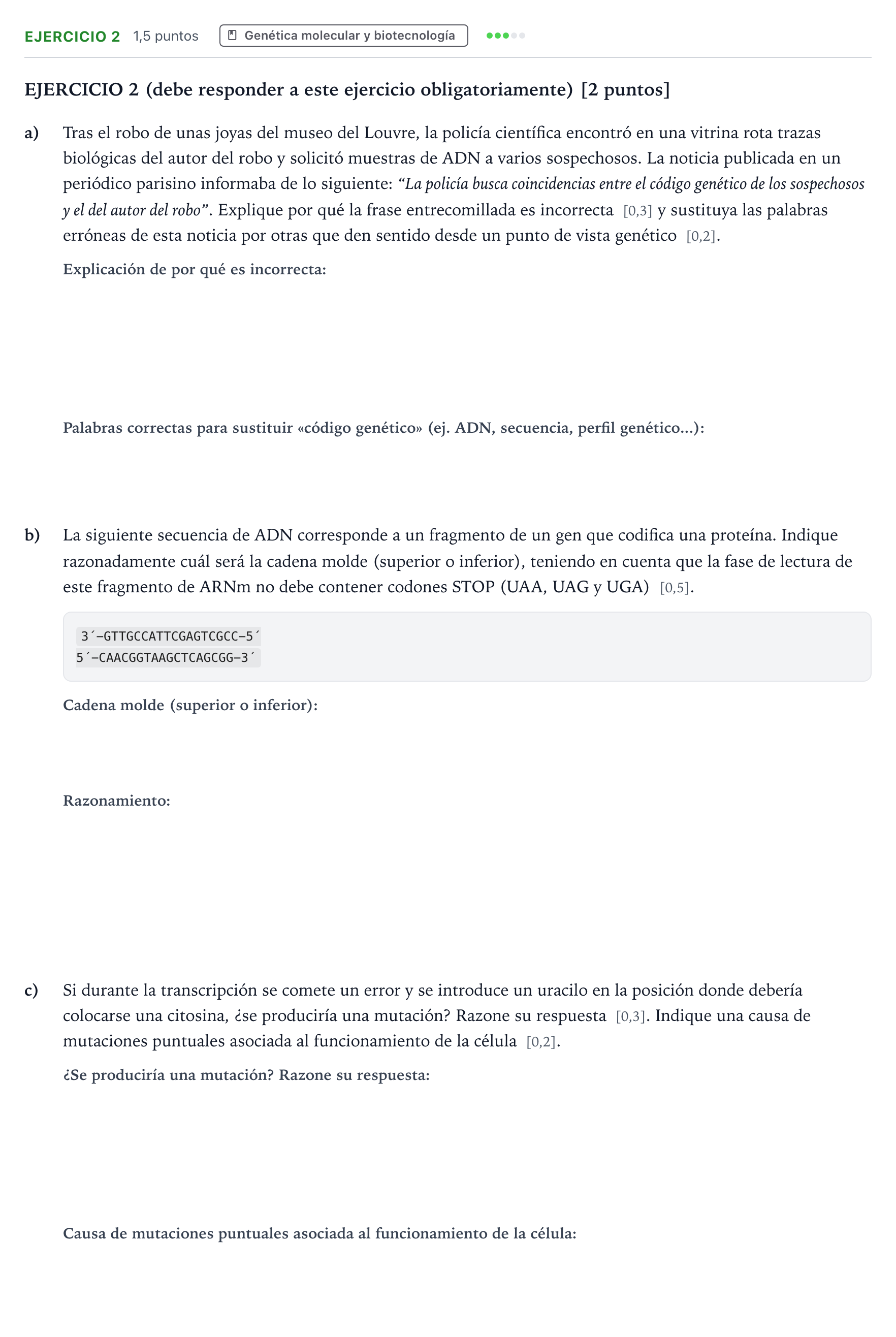 Enunciado: Ejercicio 2 - Genética molecular · Biología PAU Andalucía Ordinaria Suplente 2 2026