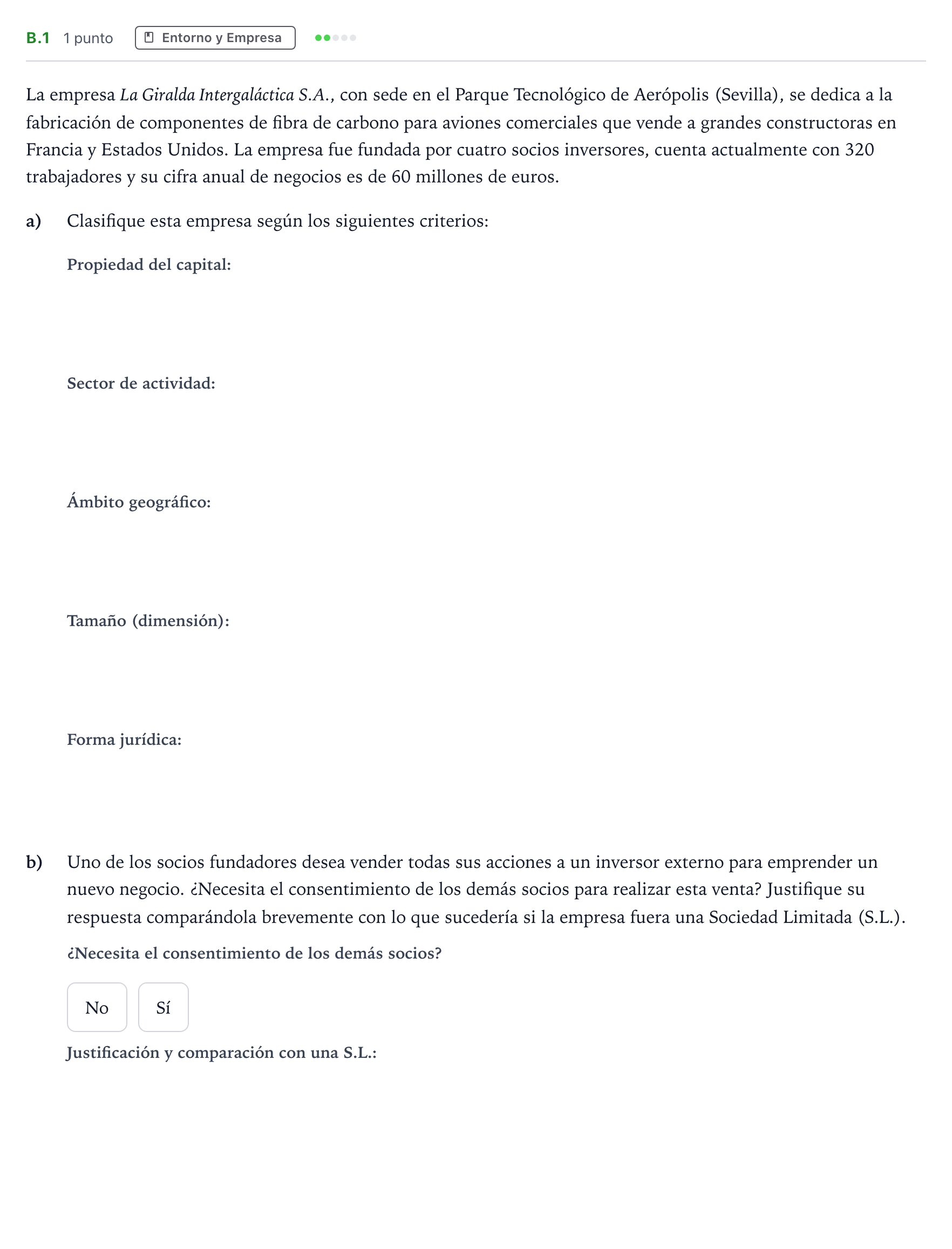 Enunciado: Ejercicio B.1 · Economía de la Empresa PAU Andalucía Ordinaria Suplente 1 2026