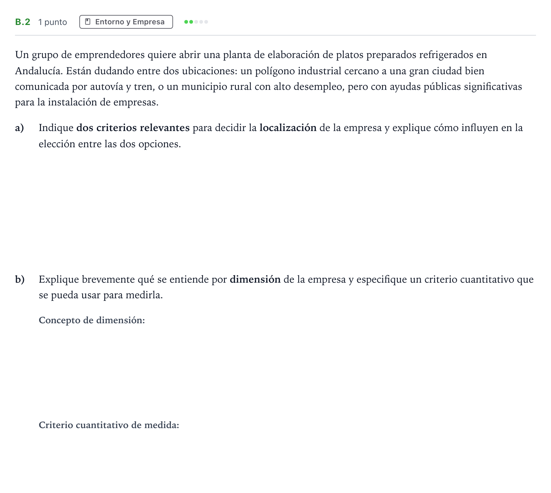 Enunciado: Ejercicio B.2 · Economía de la Empresa PAU Andalucía Ordinaria Suplente 1 2026
