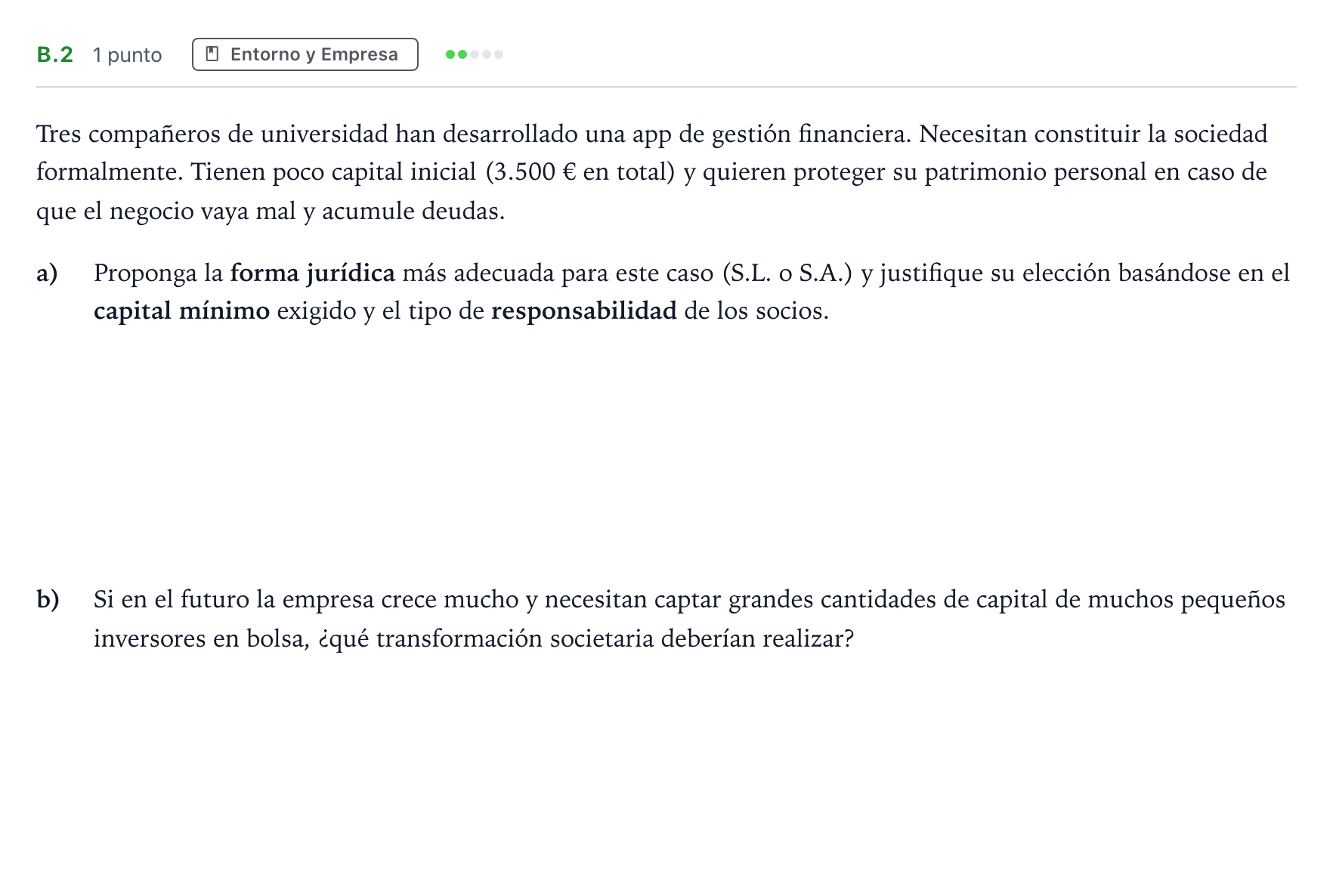 Enunciado: Ejercicio B.2 · Economía de la Empresa PAU Andalucía Ordinaria Suplente 2 2026