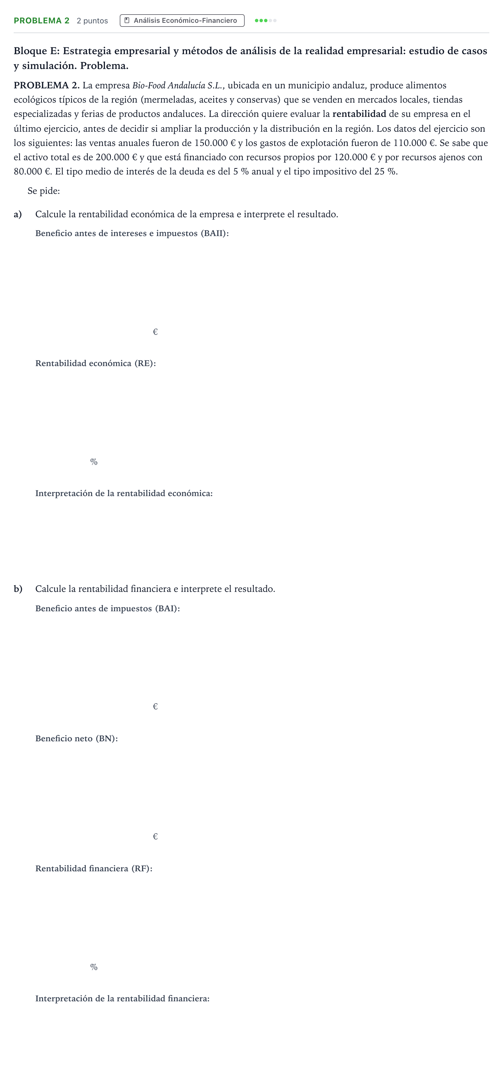 Enunciado: Problema 2 · Economía de la Empresa PAU Andalucía Ordinaria Suplente 2 2026