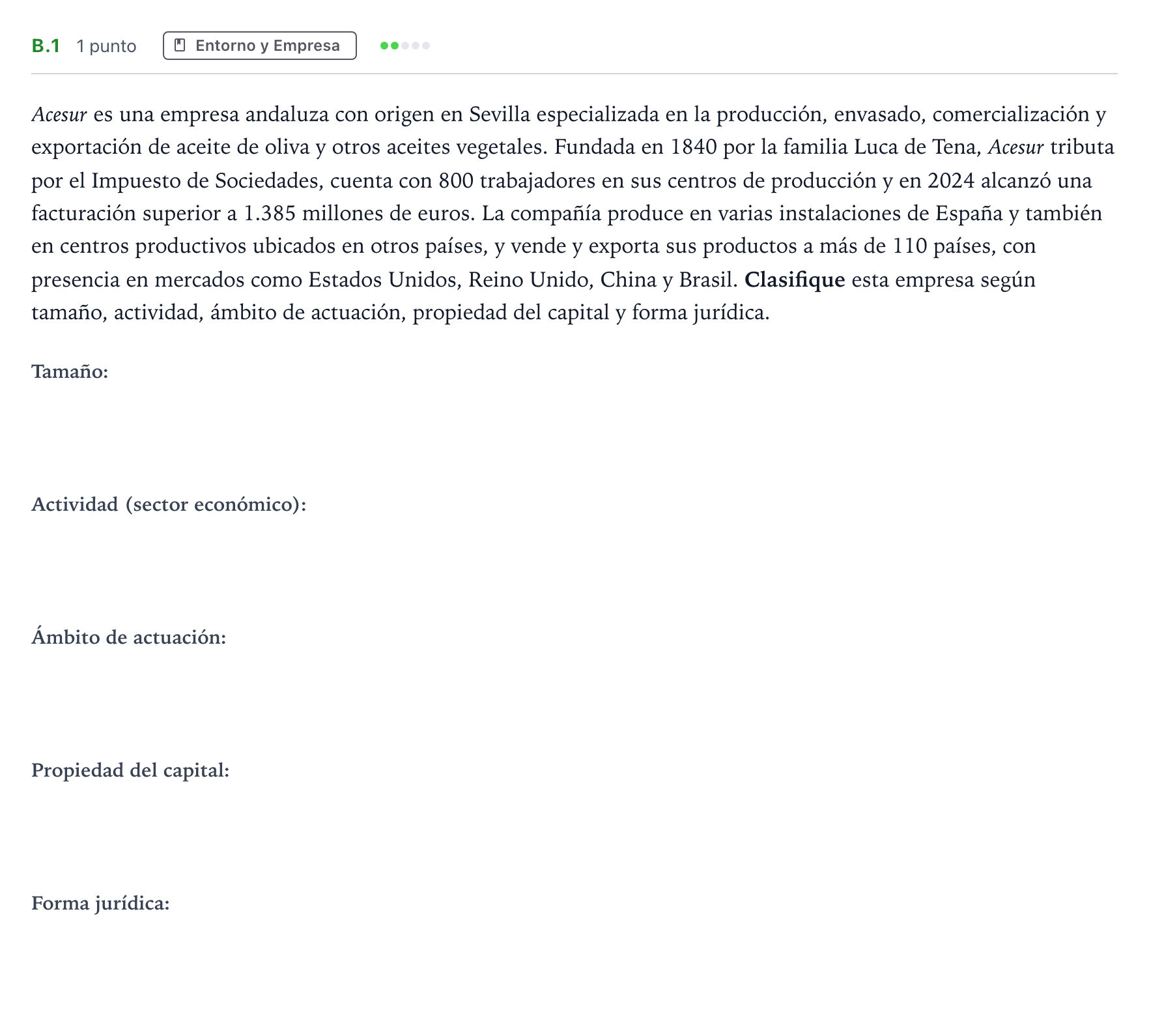 Enunciado: Ejercicio B.1 · Economía de la Empresa PAU Andalucía Ordinaria Titular 2026