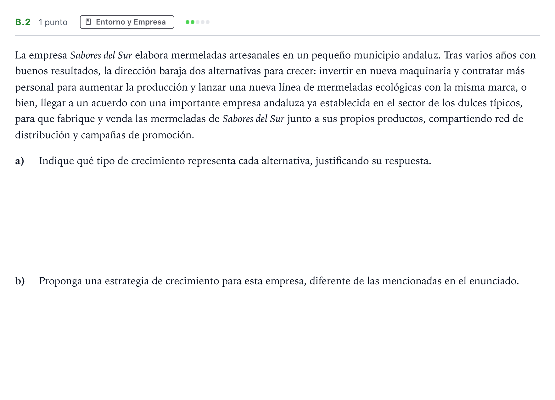 Enunciado: Ejercicio B.2 · Economía de la Empresa PAU Andalucía Ordinaria Titular 2026
