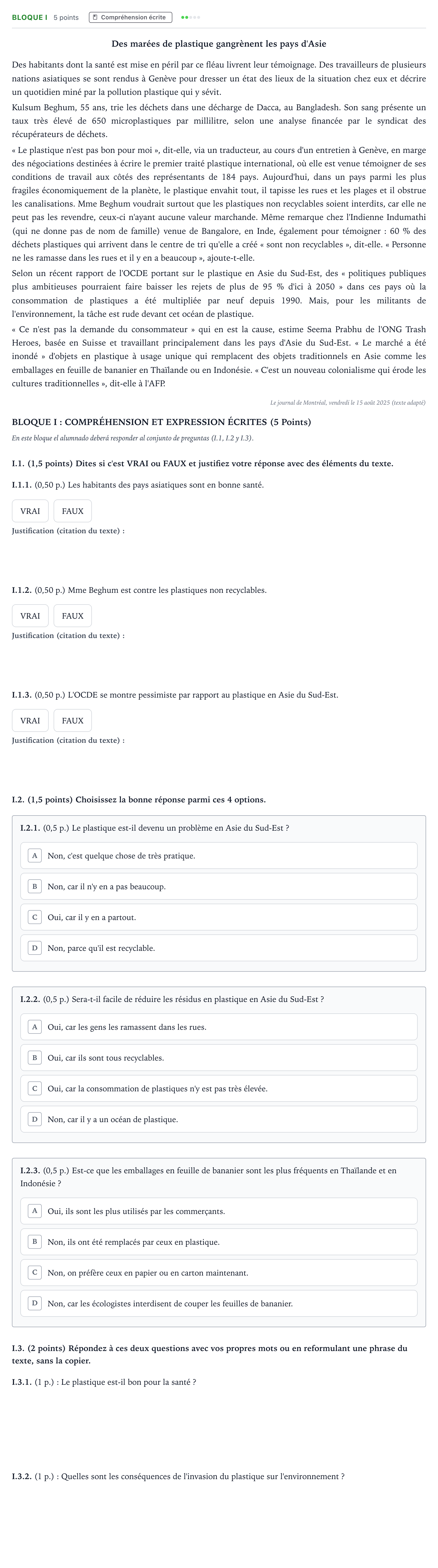 Enunciado: Bloque I · Francés PAU Andalucía Ordinaria Titular (Acceso) 2026