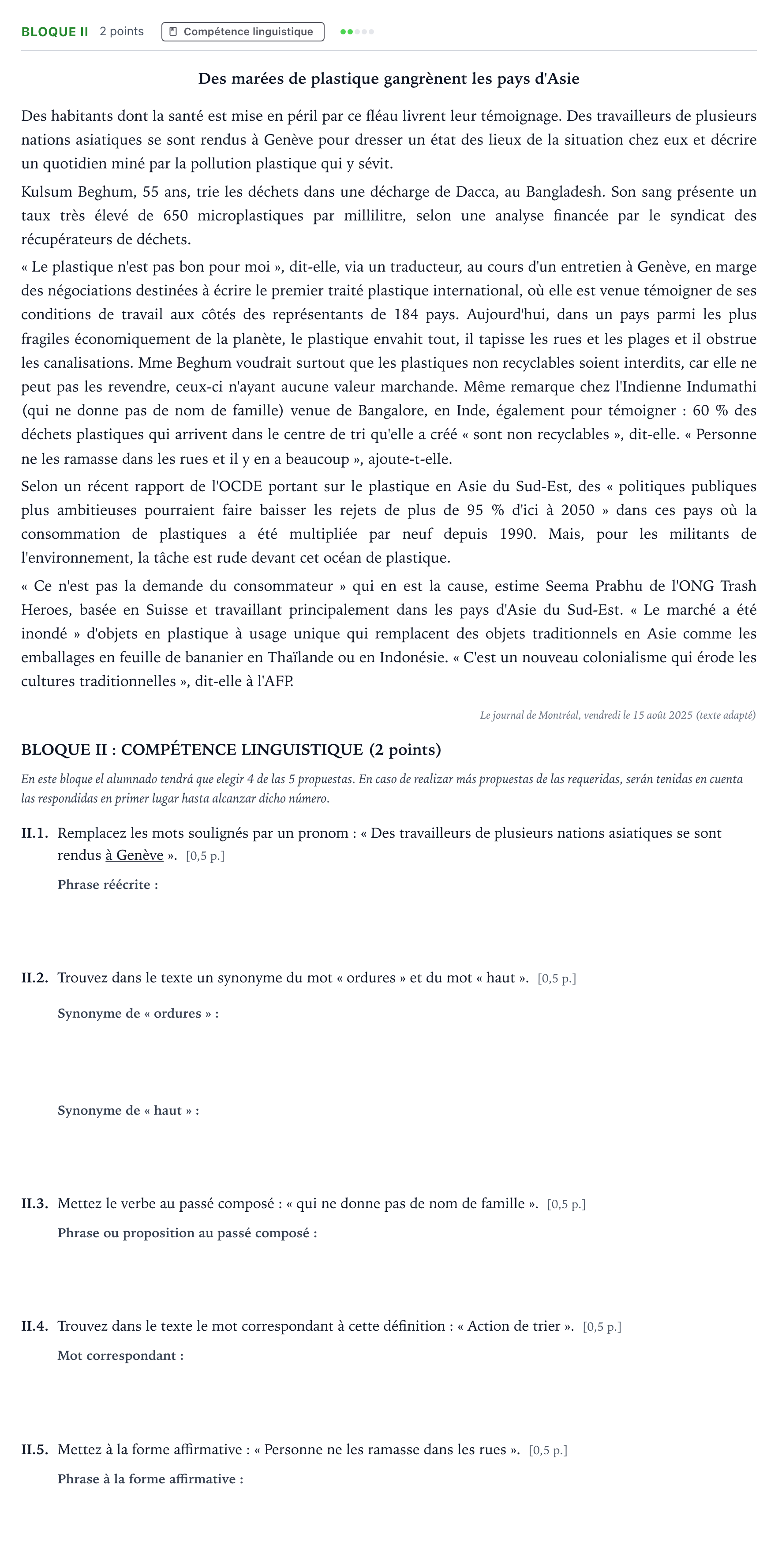 Enunciado: Bloque II · Francés PAU Andalucía Ordinaria Titular (Acceso) 2026