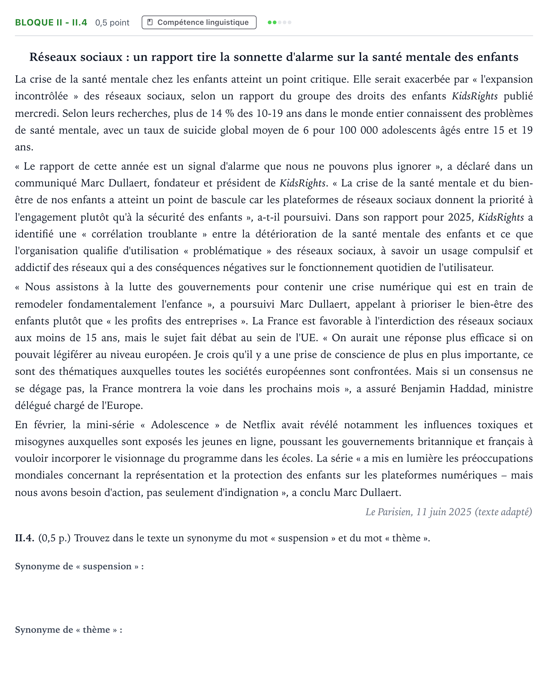 Enunciado: Bloque II - II.4 · Francés PAU Andalucía Ordinaria Titular (Admisión) 2026