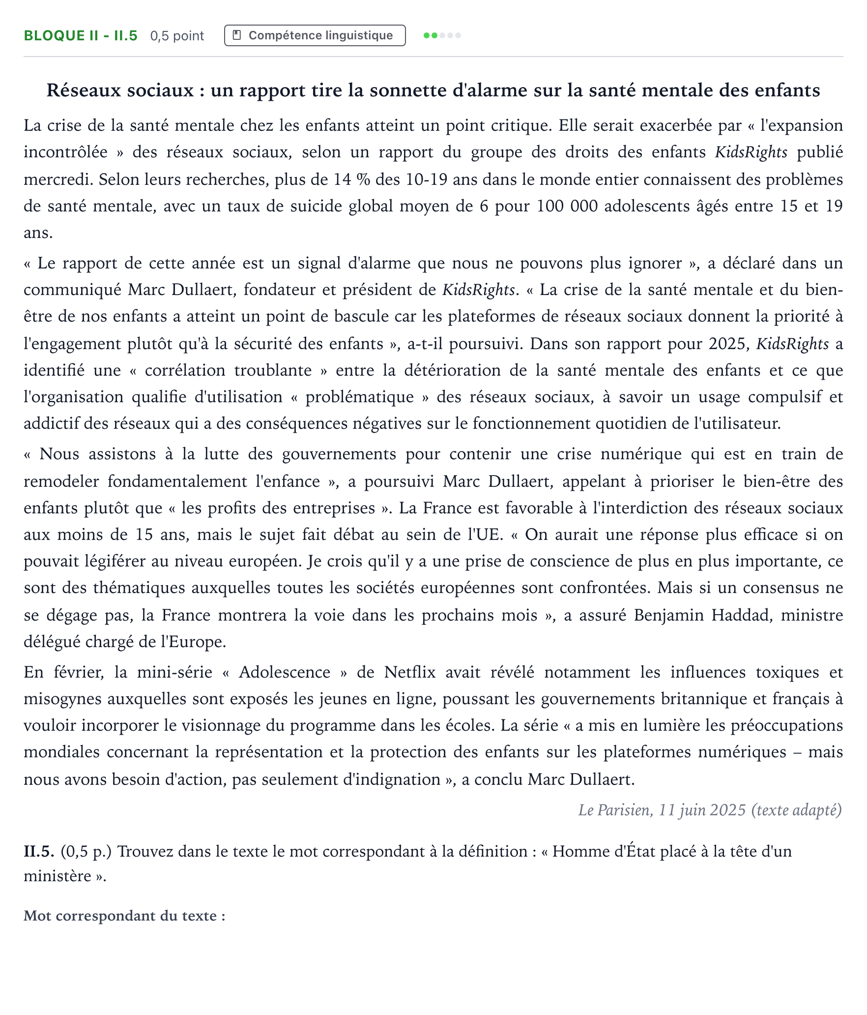 Enunciado: Bloque II - II.5 · Francés PAU Andalucía Ordinaria Titular (Admisión) 2026