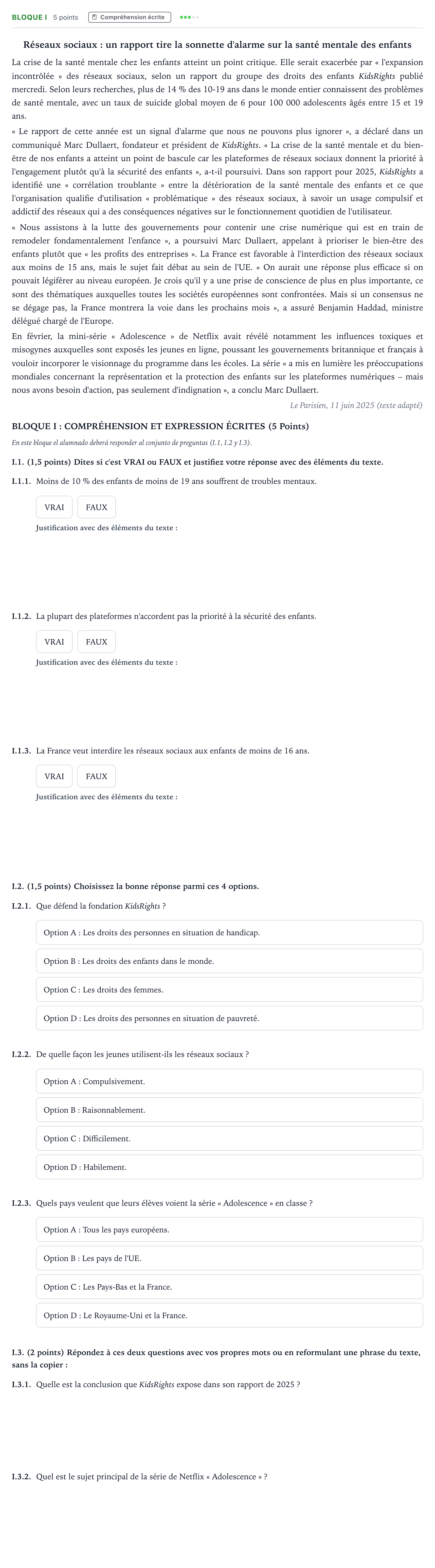 Enunciado: Bloque I · Francés PAU Andalucía Ordinaria Titular (Admisión) 2026
