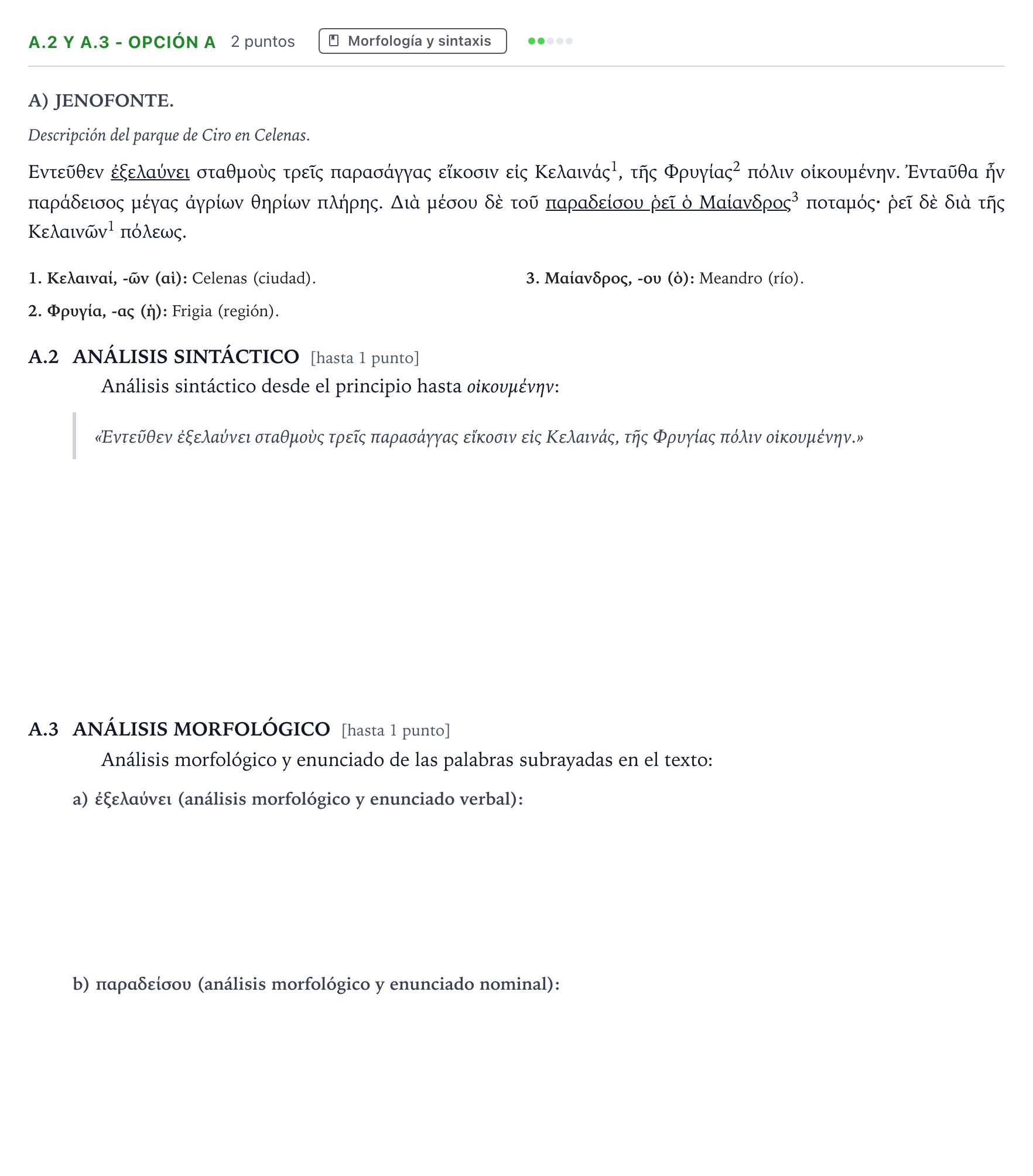 Enunciado: Ejercicio A.2 y A.3 - Opción A · Griego II PAU Andalucía Ordinaria Suplente 1 2026