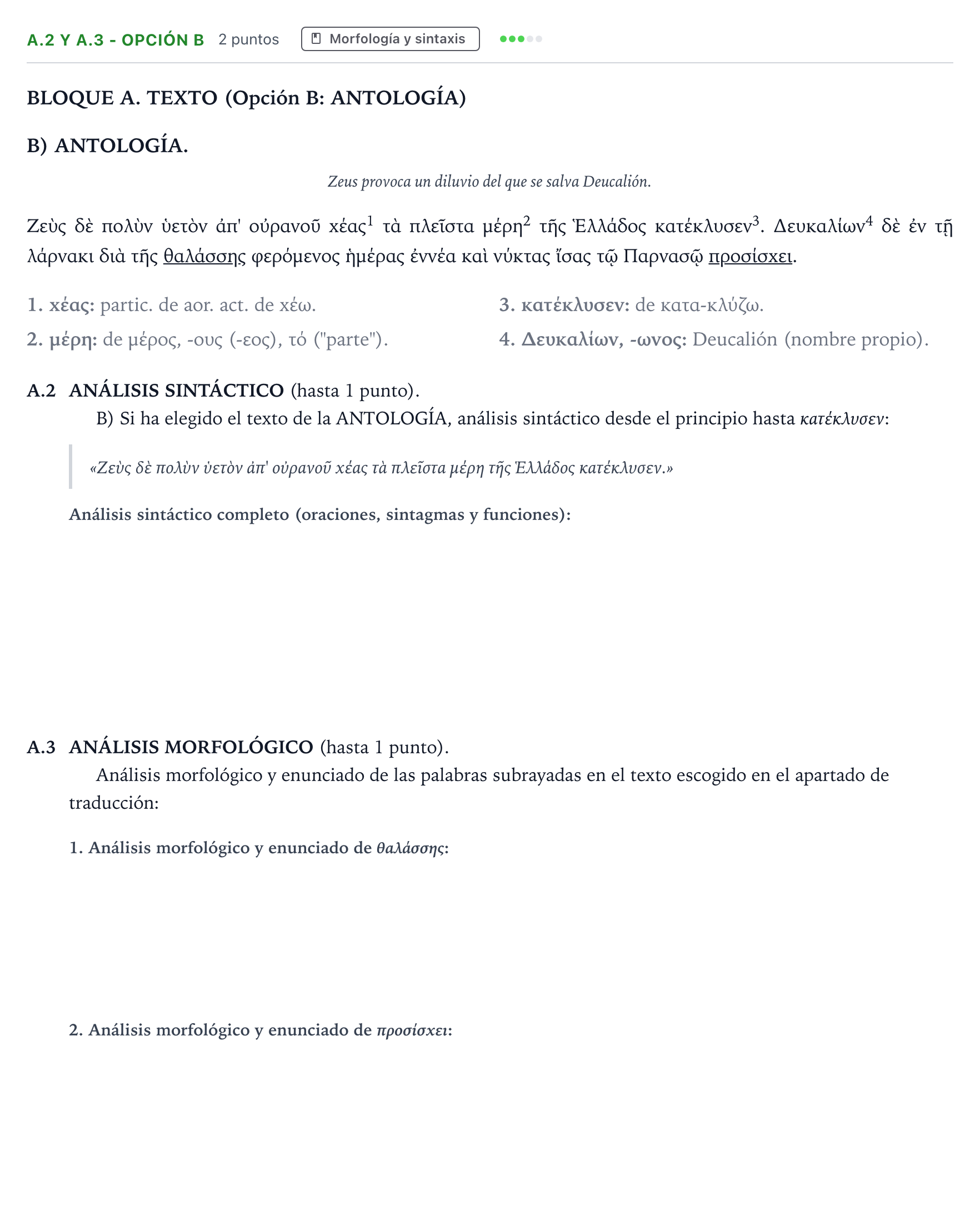 Enunciado: Ejercicio A.2 y A.3 - Opción B · Griego II PAU Andalucía Ordinaria Suplente 1 2026