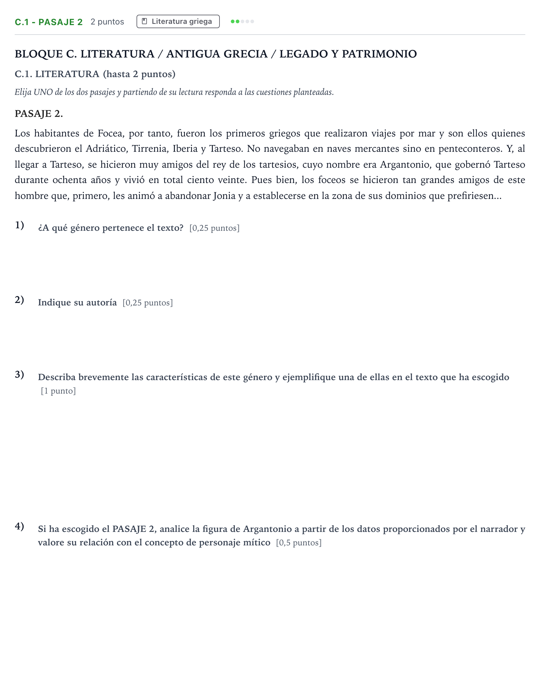 Enunciado: Ejercicio C.1 - Pasaje 2 · Griego II PAU Andalucía Ordinaria Suplente 1 2026