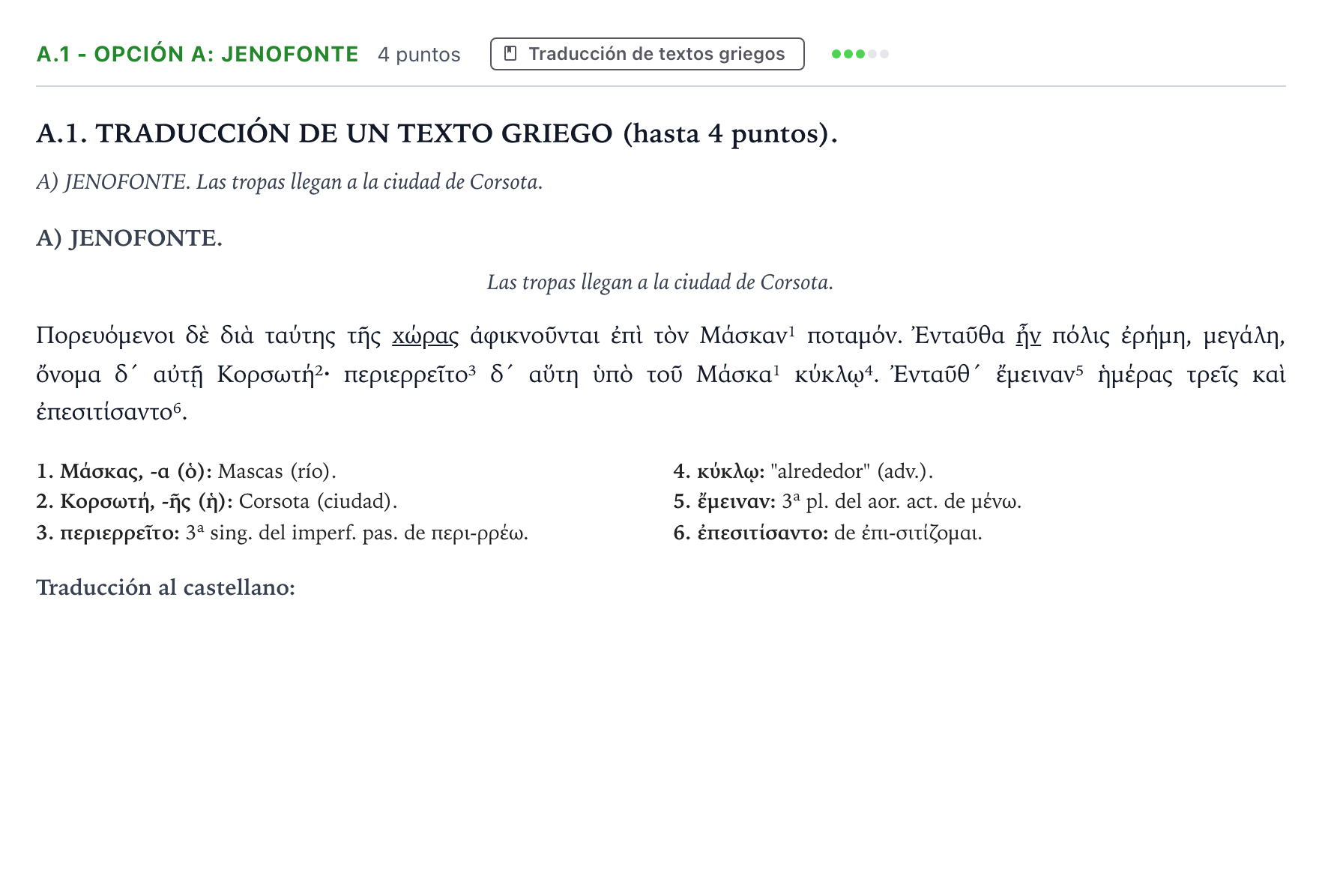 Enunciado: Ejercicio A.1 - Opción A: Jenofonte · Griego II PAU Andalucía Ordinaria Suplente 2 2026
