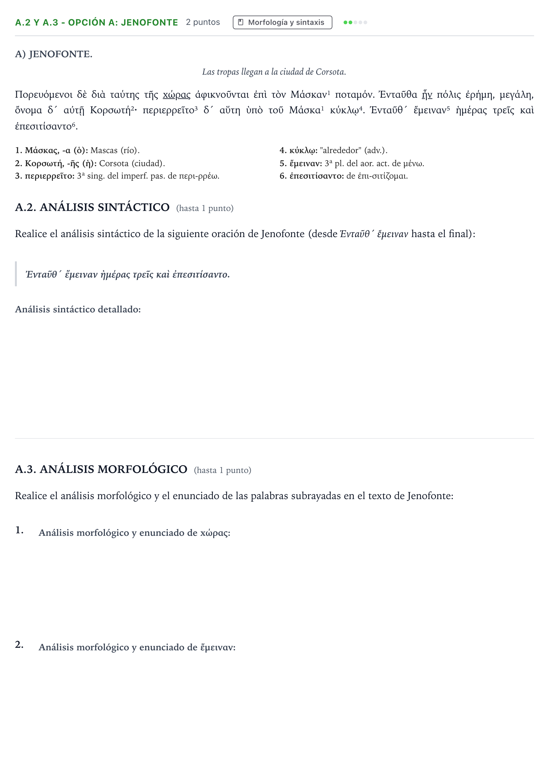Enunciado: Ejercicio A.2 y A.3 - Opción A: Jenofonte · Griego II PAU Andalucía Ordinaria Suplente 2 2026