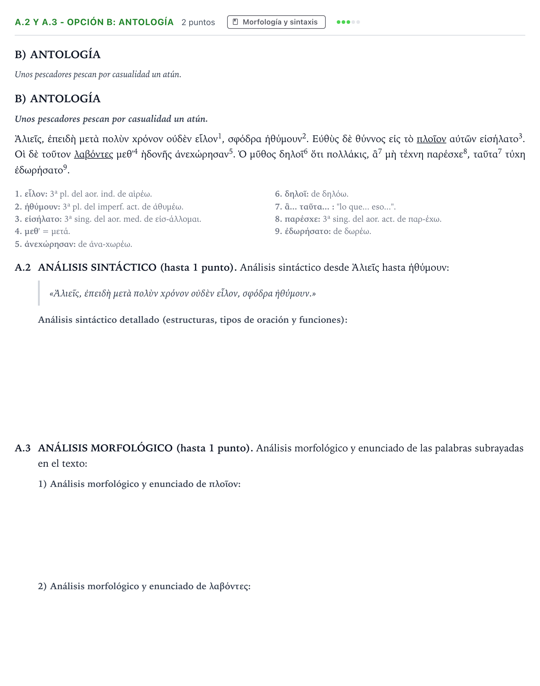 Enunciado: Ejercicio A.2 y A.3 - Opción B: Antología · Griego II PAU Andalucía Ordinaria Suplente 2 2026