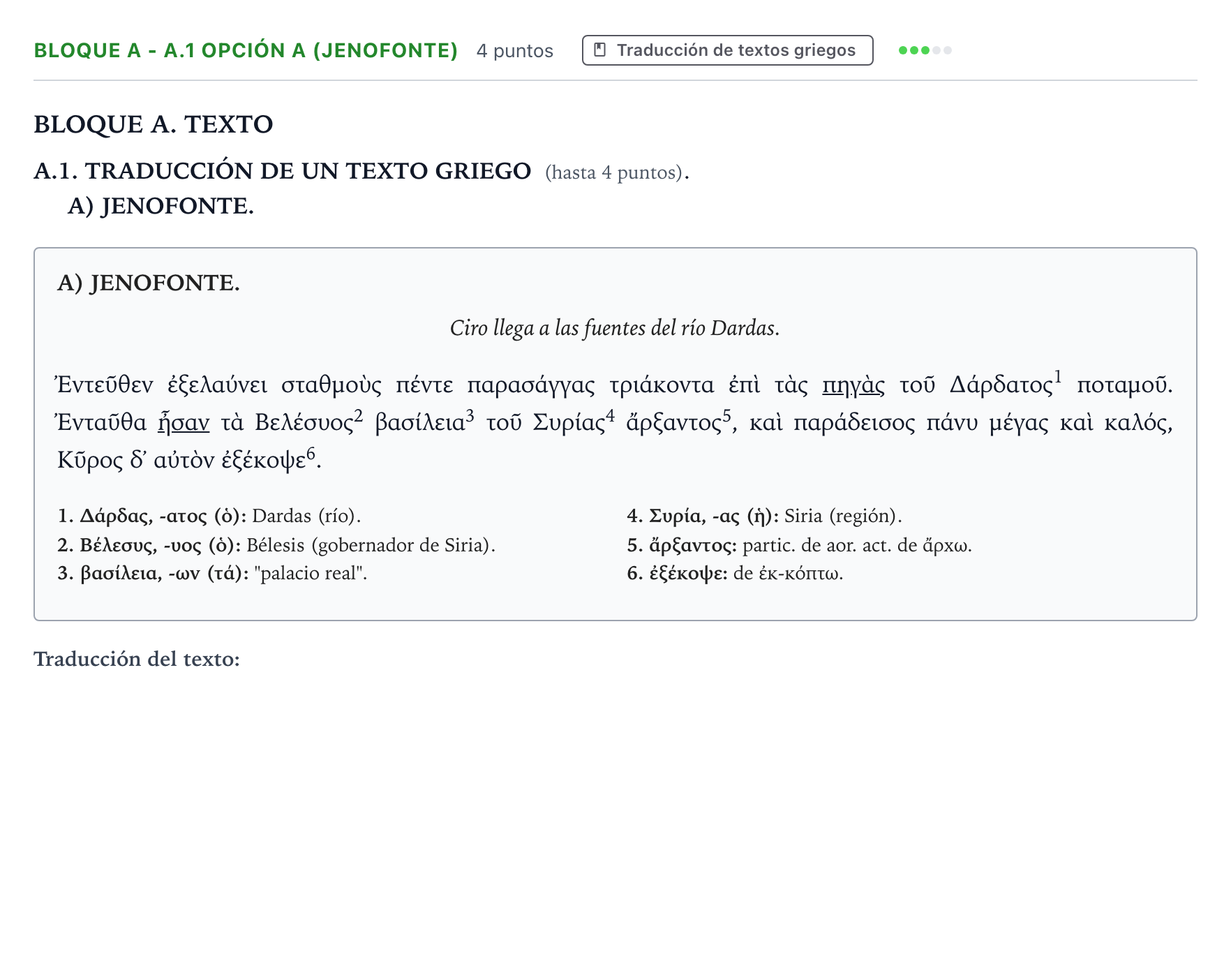 Enunciado: Bloque A - A.1 Opción A (Jenofonte) · Griego II PAU Andalucía Ordinaria Titular 2026