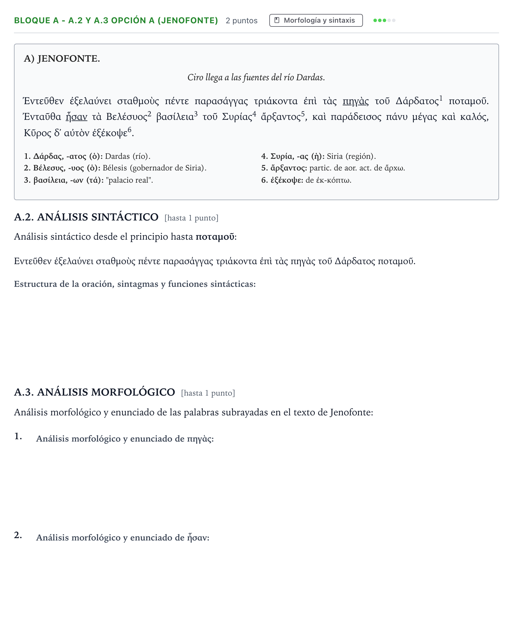 Enunciado: Bloque A - A.2 y A.3 Opción A (Jenofonte) · Griego II PAU Andalucía Ordinaria Titular 2026