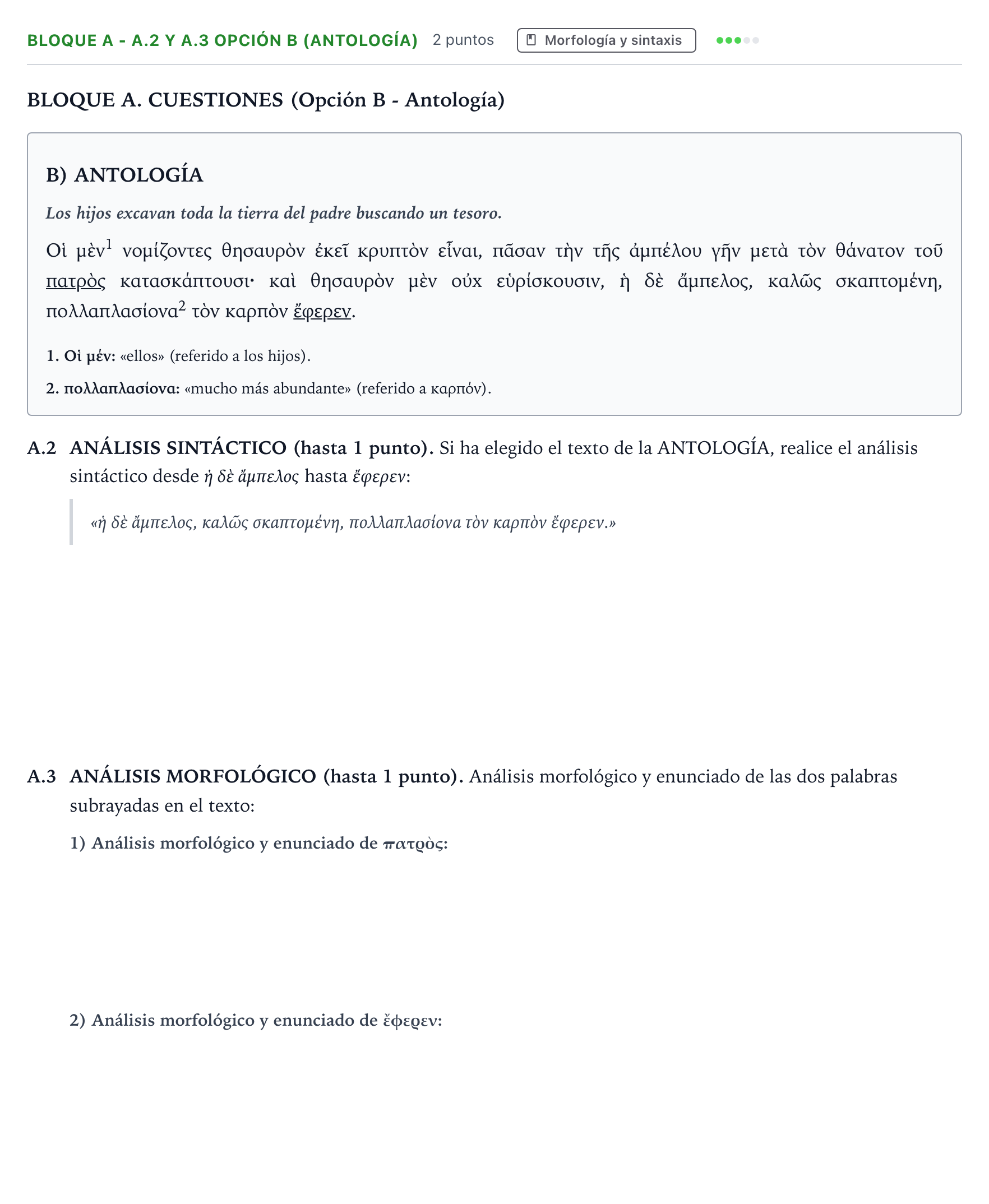Enunciado: Bloque A - A.2 y A.3 Opción B (Antología) · Griego II PAU Andalucía Ordinaria Titular 2026