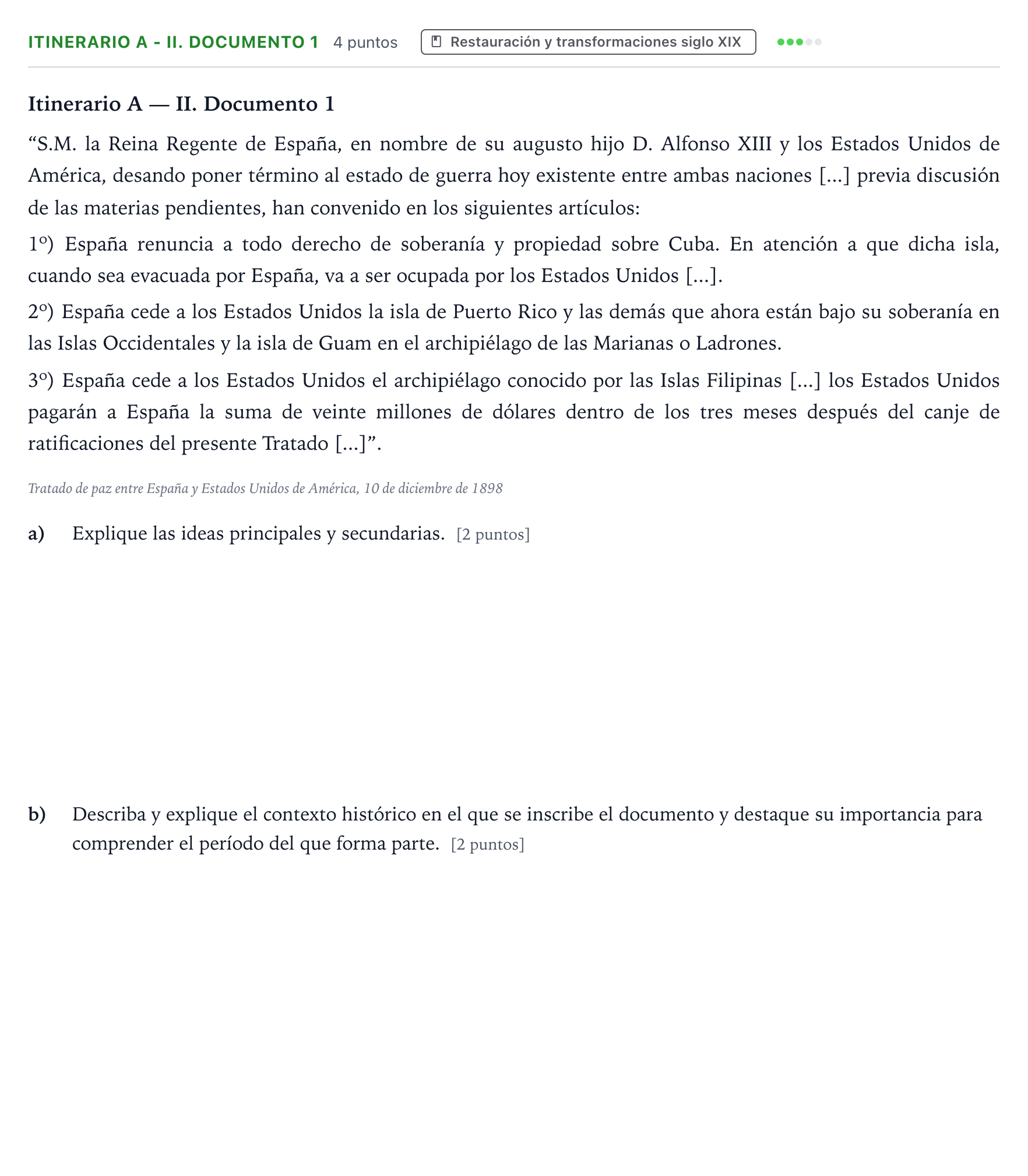 Enunciado: Ejercicio Itinerario A - II. Documento 1 · Historia de España PAU Andalucía Extraordinaria Titular 2026