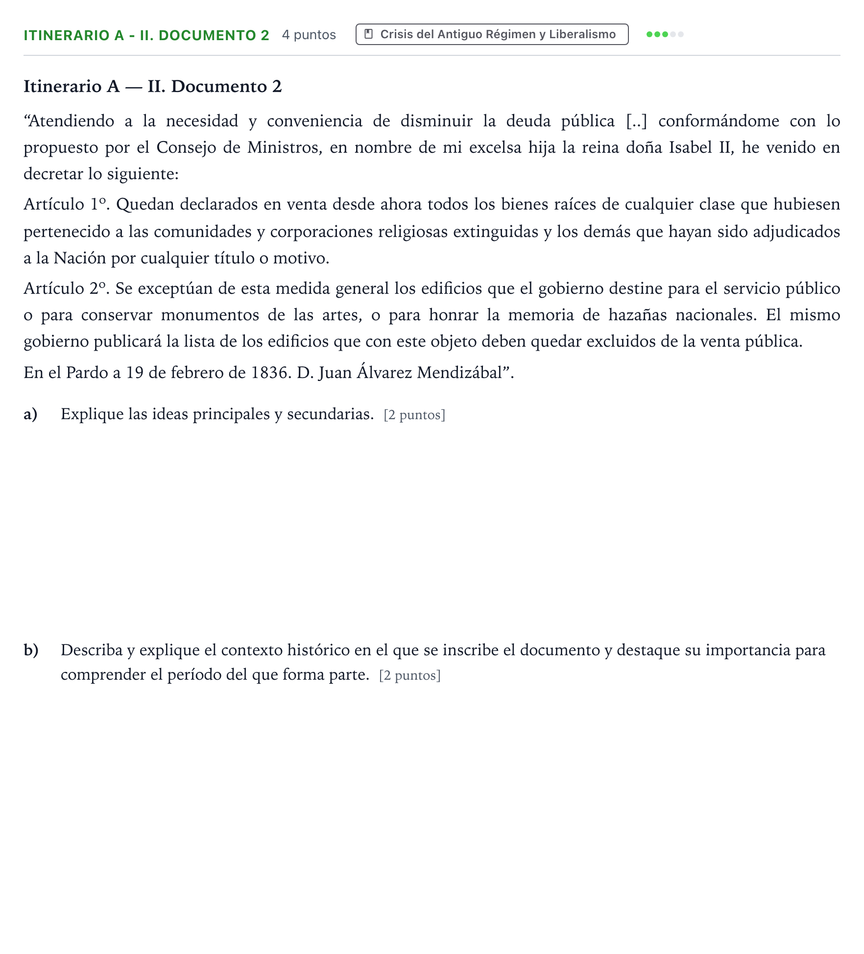 Enunciado: Ejercicio Itinerario A - II. Documento 2 · Historia de España PAU Andalucía Extraordinaria Titular 2026