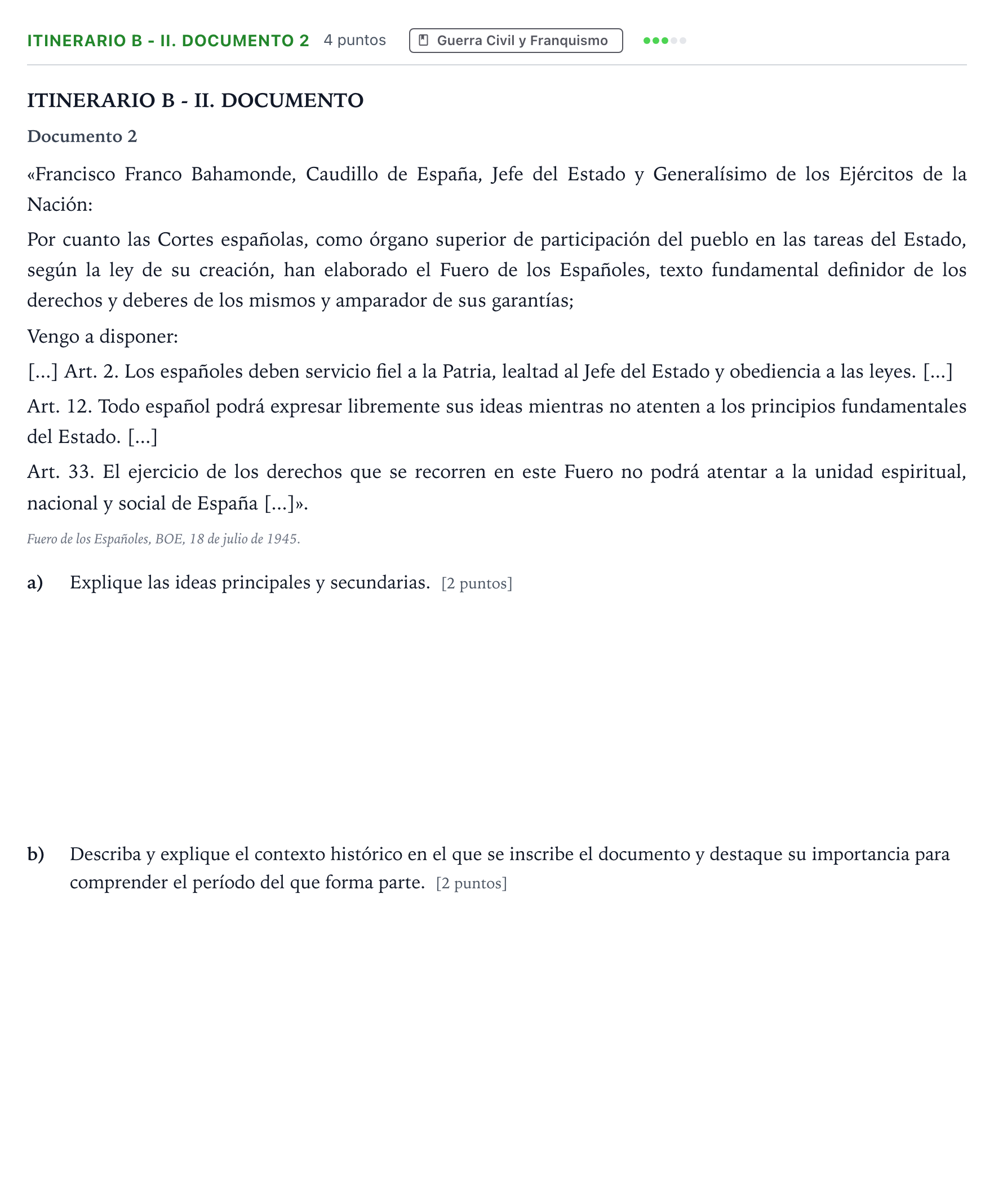 Enunciado: Ejercicio Itinerario B - II. Documento 2 · Historia de España PAU Andalucía Extraordinaria Titular 2026