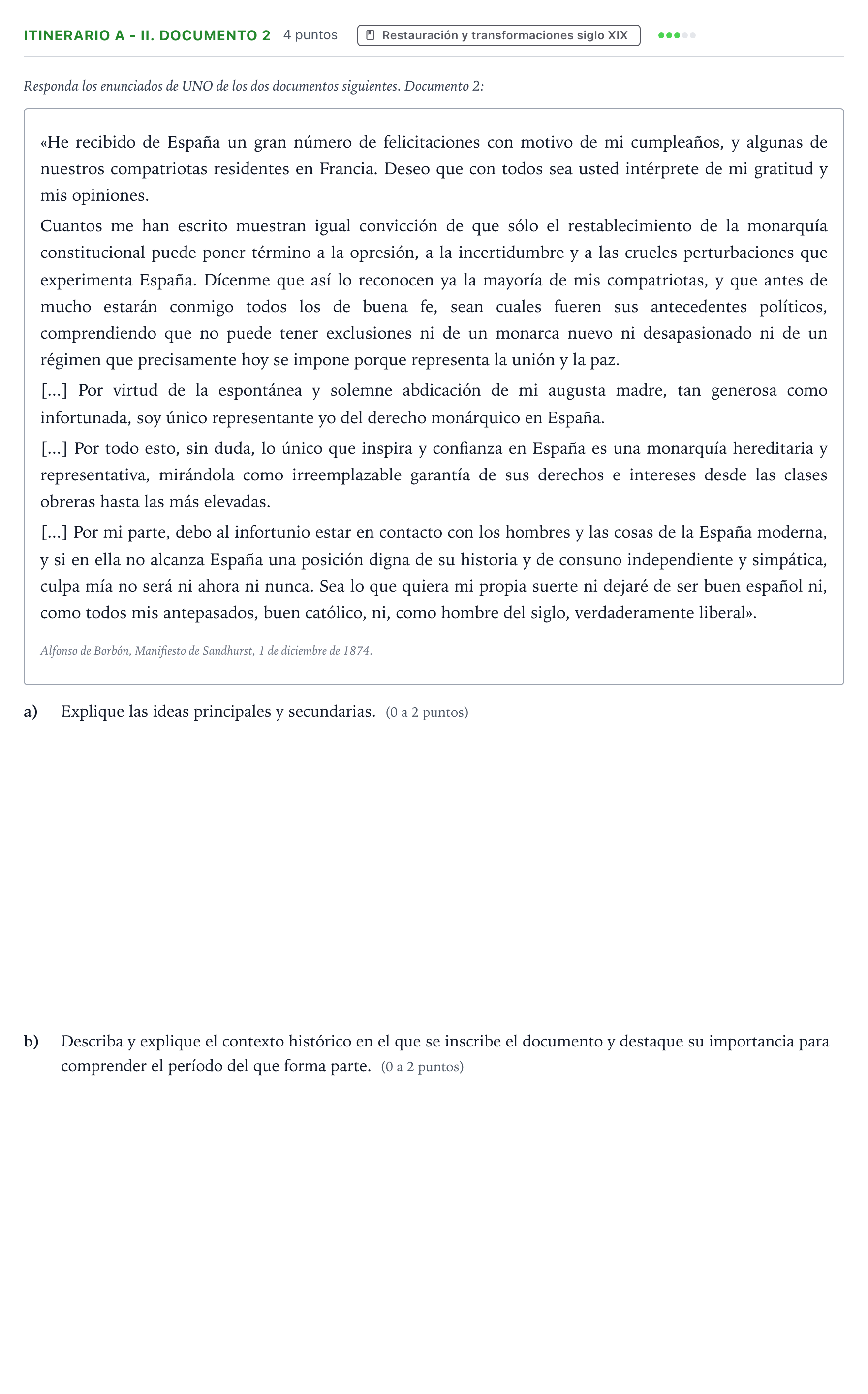 Enunciado: Ejercicio Itinerario A - II. Documento 2 · Historia de España PAU Andalucía Ordinaria Suplente 2 2026