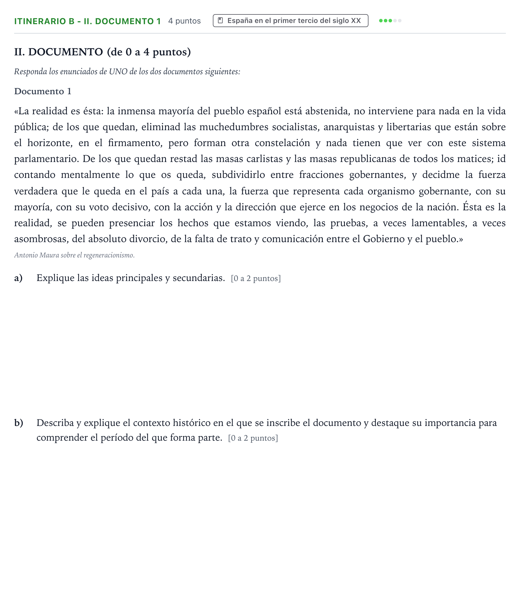 Enunciado: Ejercicio Itinerario B - II. Documento 1 · Historia de España PAU Andalucía Ordinaria Suplente 2 2026