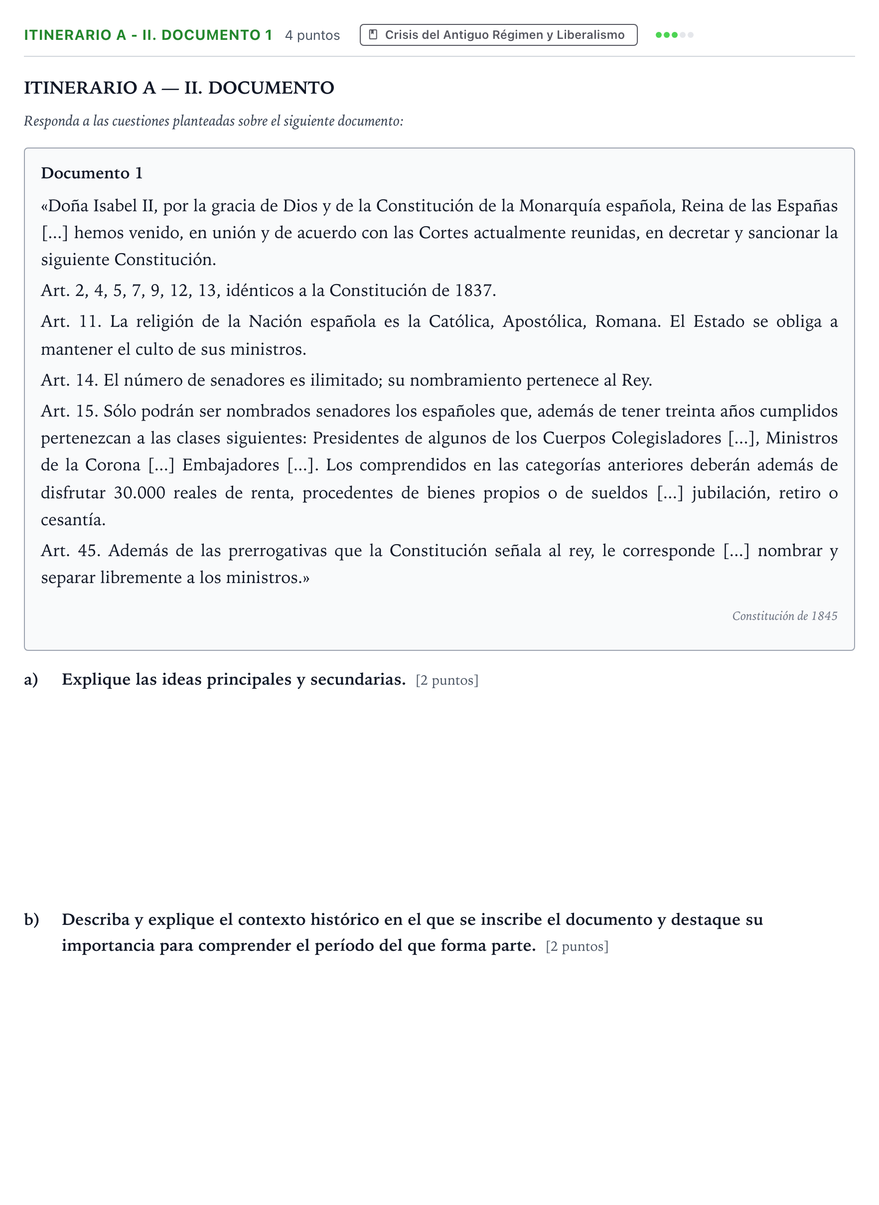 Enunciado: Ejercicio Itinerario A - II. Documento 1 · Historia de España PAU Andalucía Ordinaria Titular 2026