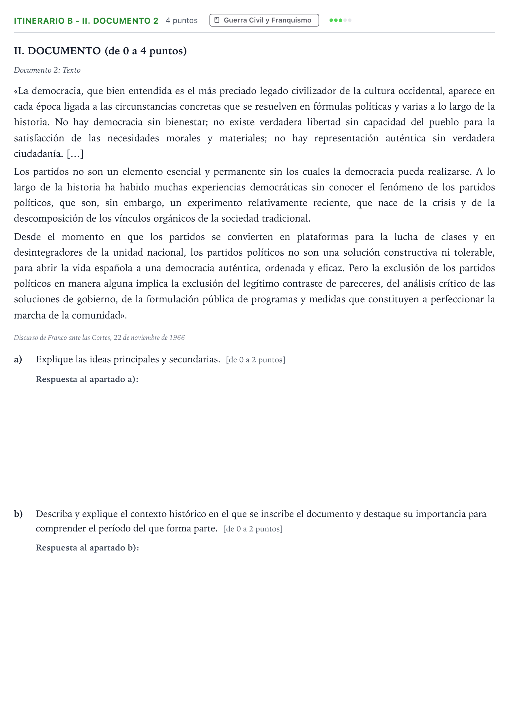 Enunciado: Ejercicio Itinerario B - II. Documento 2 · Historia de España PAU Andalucía Ordinaria Titular 2026