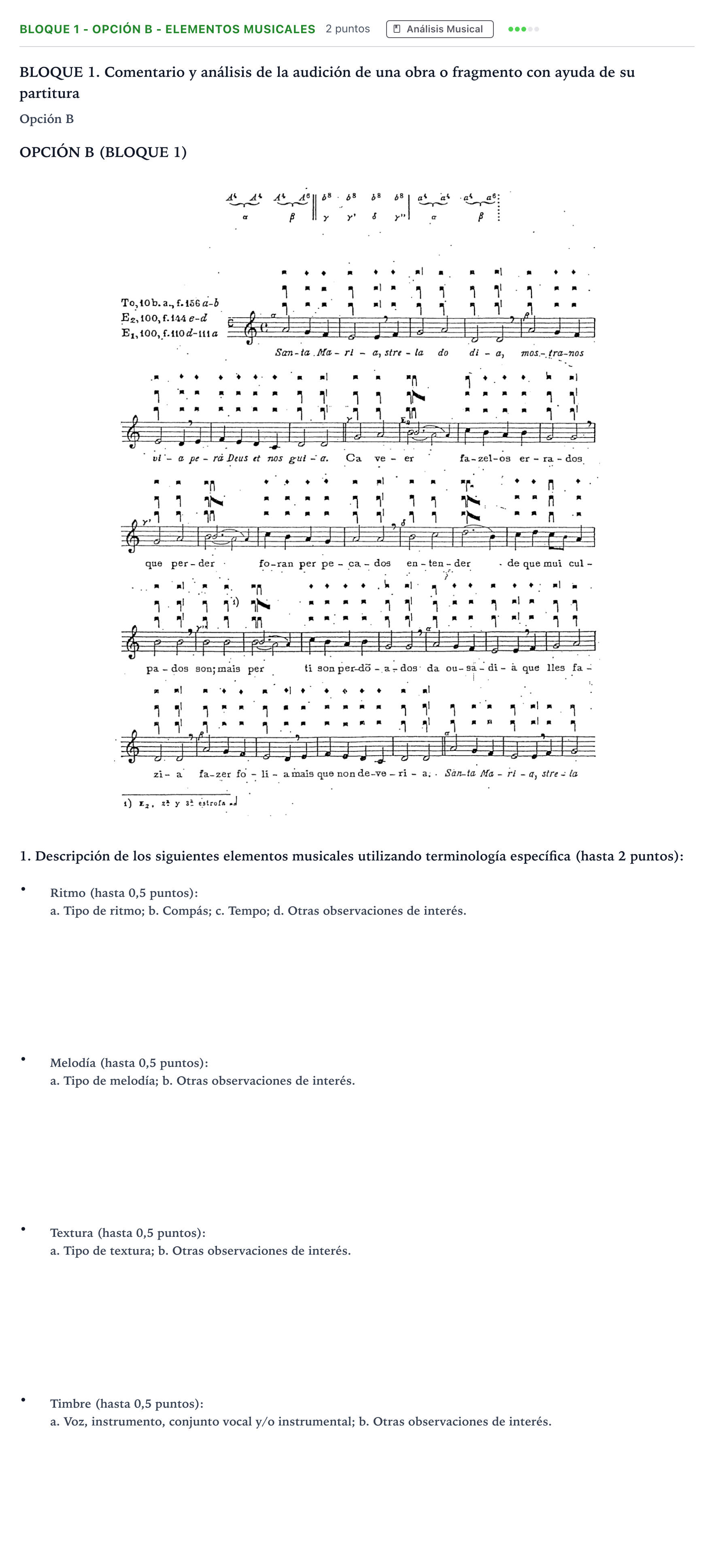 Enunciado: Bloque 1 - Opción B - Elementos musicales · Historia de la Música y de la Danza PAU Andalucía Ordinaria Titular 2026