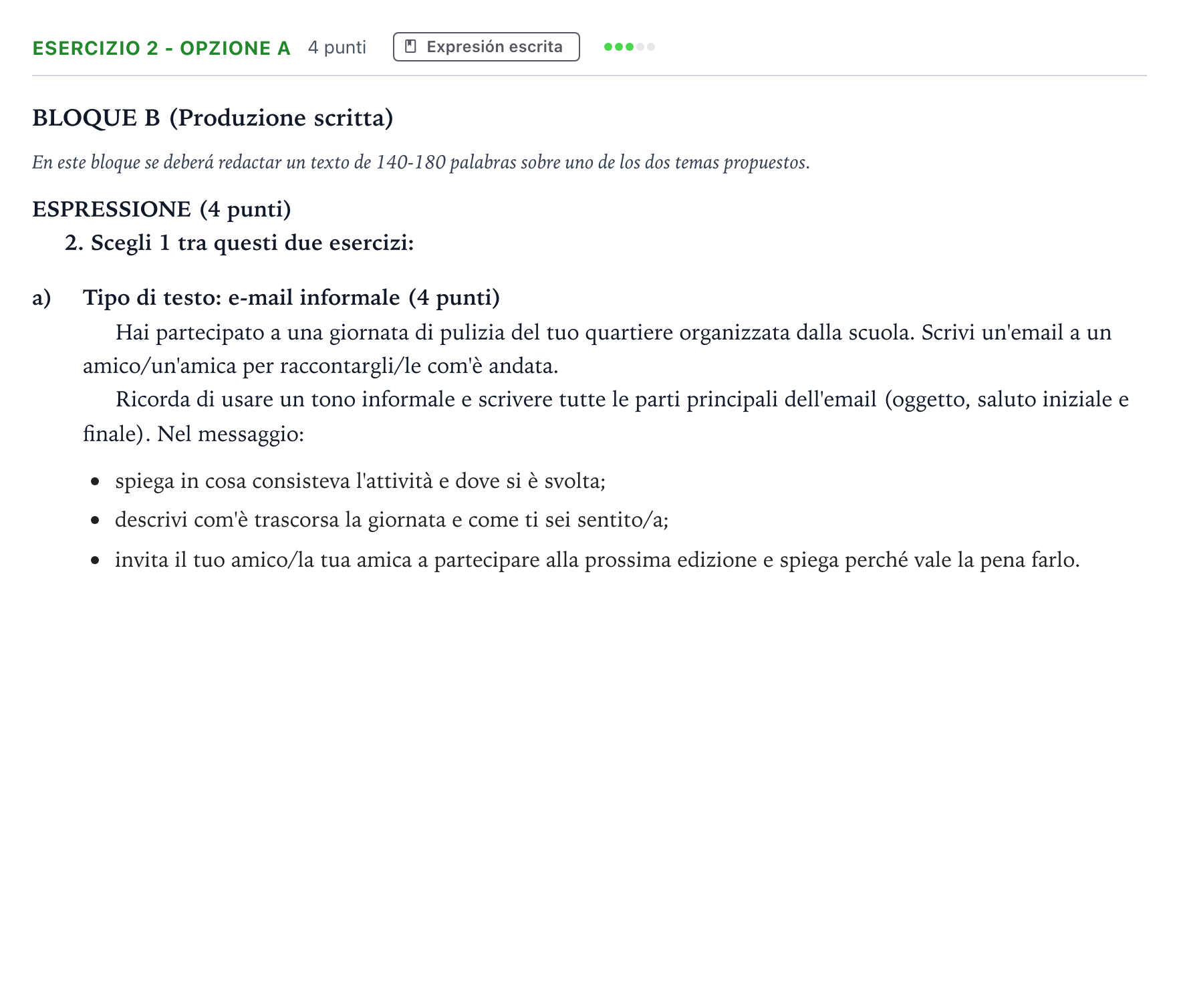 Enunciado: Ejercicio 2 - Opzione a · Italiano PAU Andalucía Ordinaria Titular (Acceso) 2026