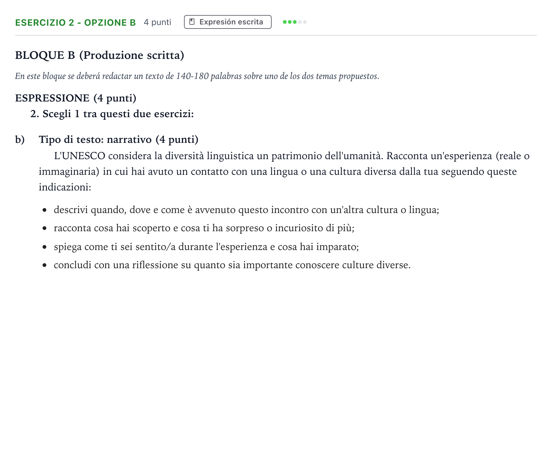 Enunciado: Ejercicio 2 - Opzione b · Italiano PAU Andalucía Ordinaria Titular (Acceso) 2026