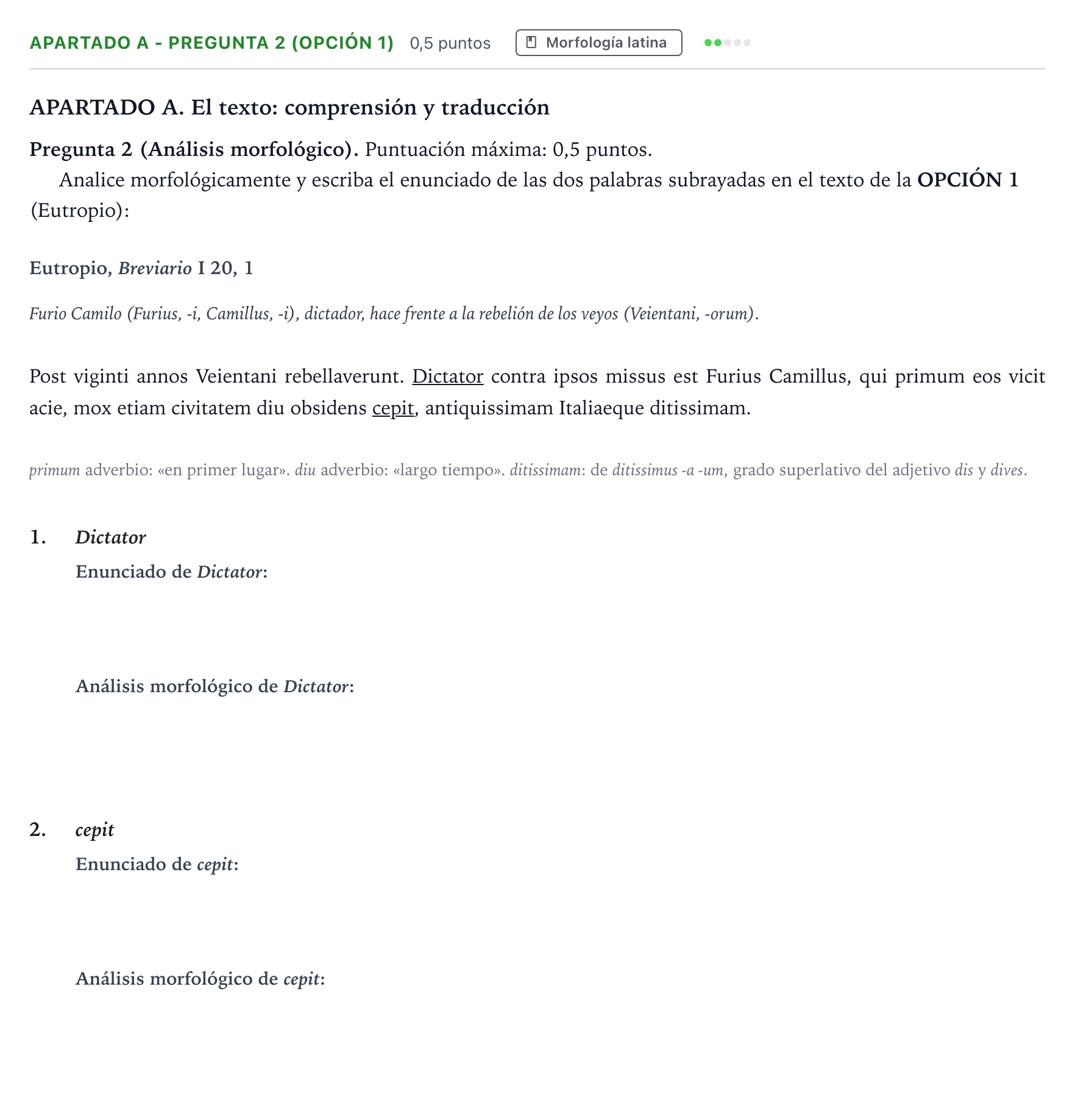 Enunciado: Apartado A - Pregunta 2 (Opción 1) · Latín II PAU Andalucía Ordinaria Suplente 1 2026