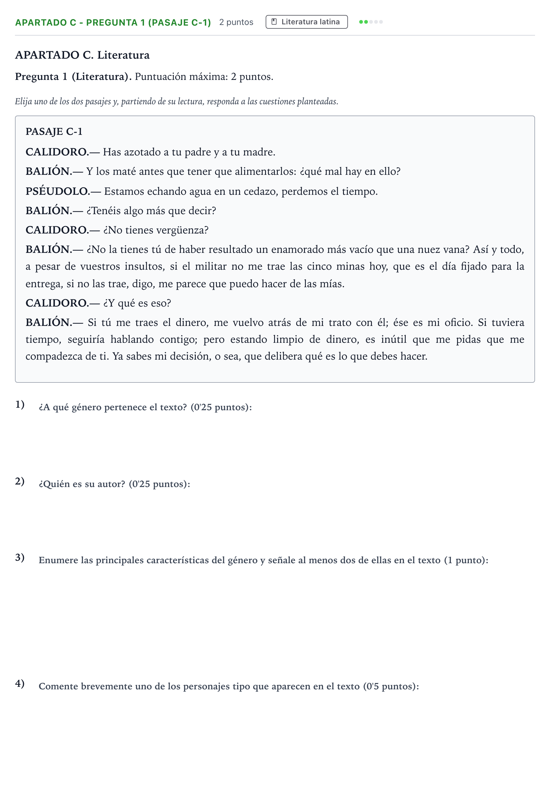 Enunciado: Apartado C - Pregunta 1 (Pasaje C-1) · Latín II PAU Andalucía Ordinaria Suplente 1 2026
