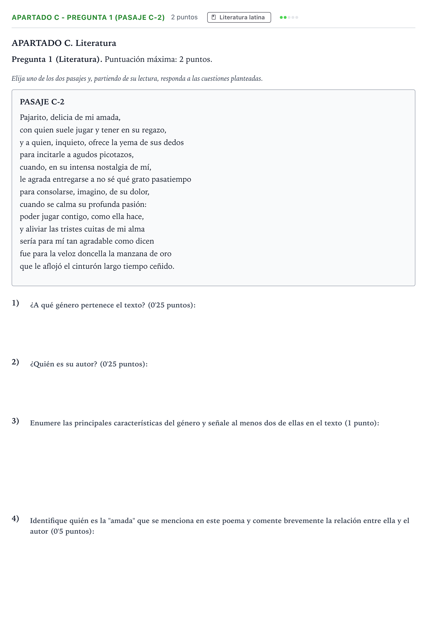 Enunciado: Apartado C - Pregunta 1 (Pasaje C-2) · Latín II PAU Andalucía Ordinaria Suplente 1 2026
