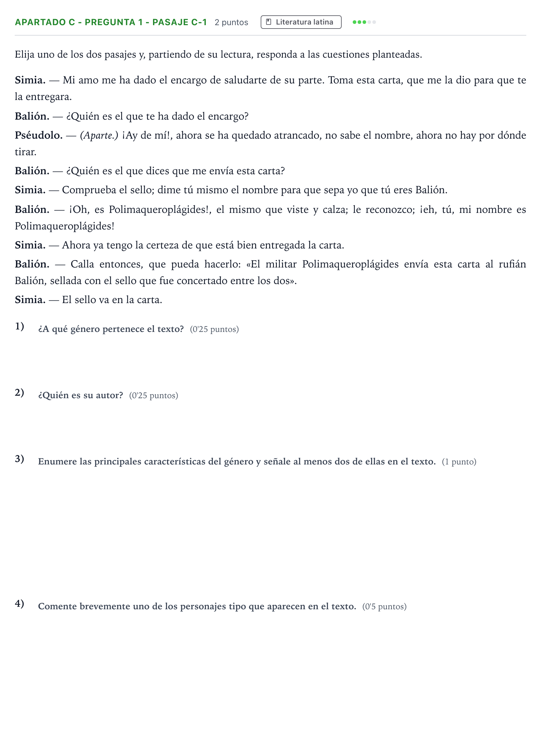 Enunciado: Apartado C - Pregunta 1 - Pasaje C-1 · Latín II PAU Andalucía Ordinaria Suplente 2 2026