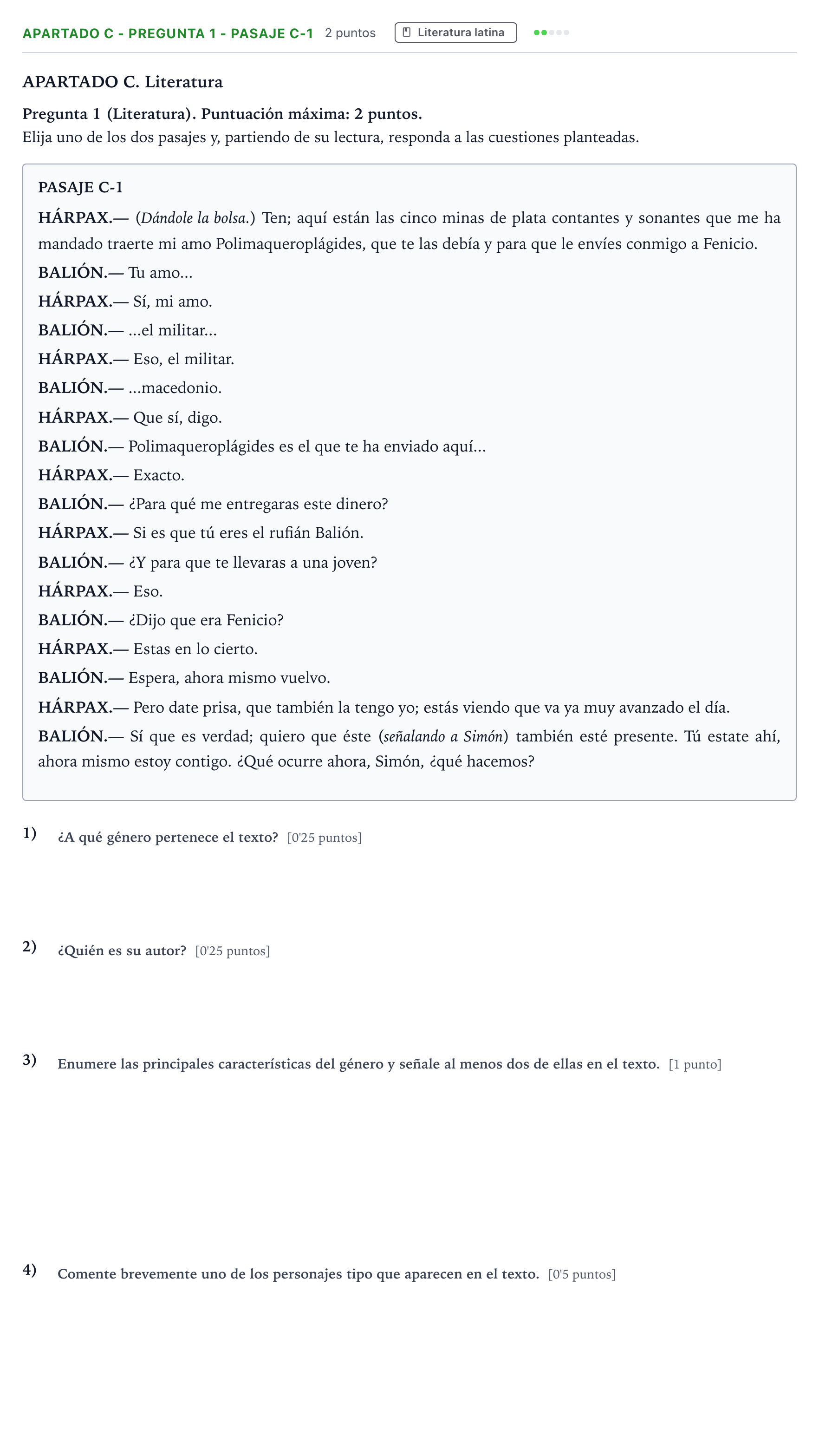 Enunciado: Apartado C - Pregunta 1 - Pasaje C-1 · Latín II PAU Andalucía Ordinaria Titular 2026