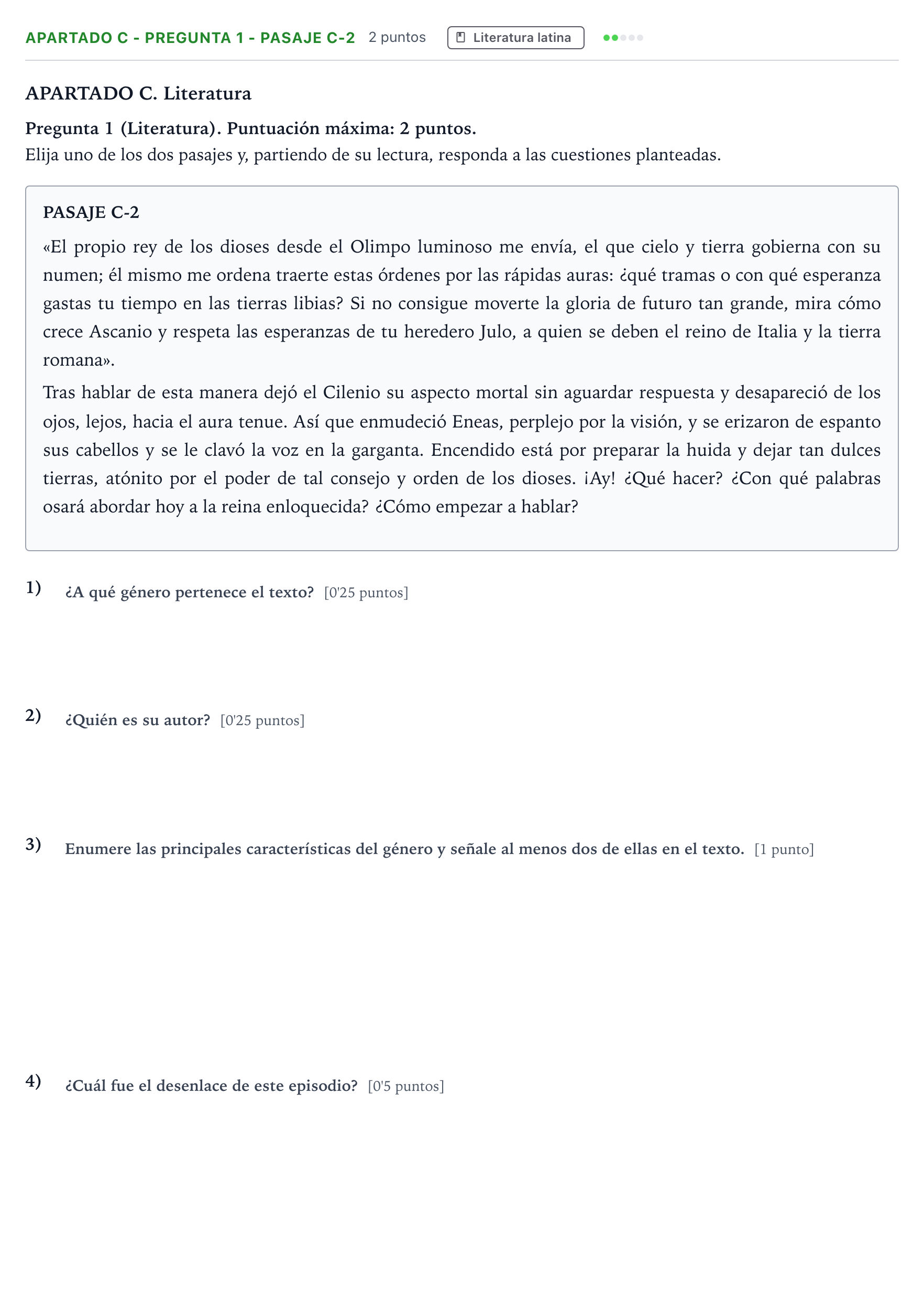 Enunciado: Apartado C - Pregunta 1 - Pasaje C-2 · Latín II PAU Andalucía Ordinaria Titular 2026