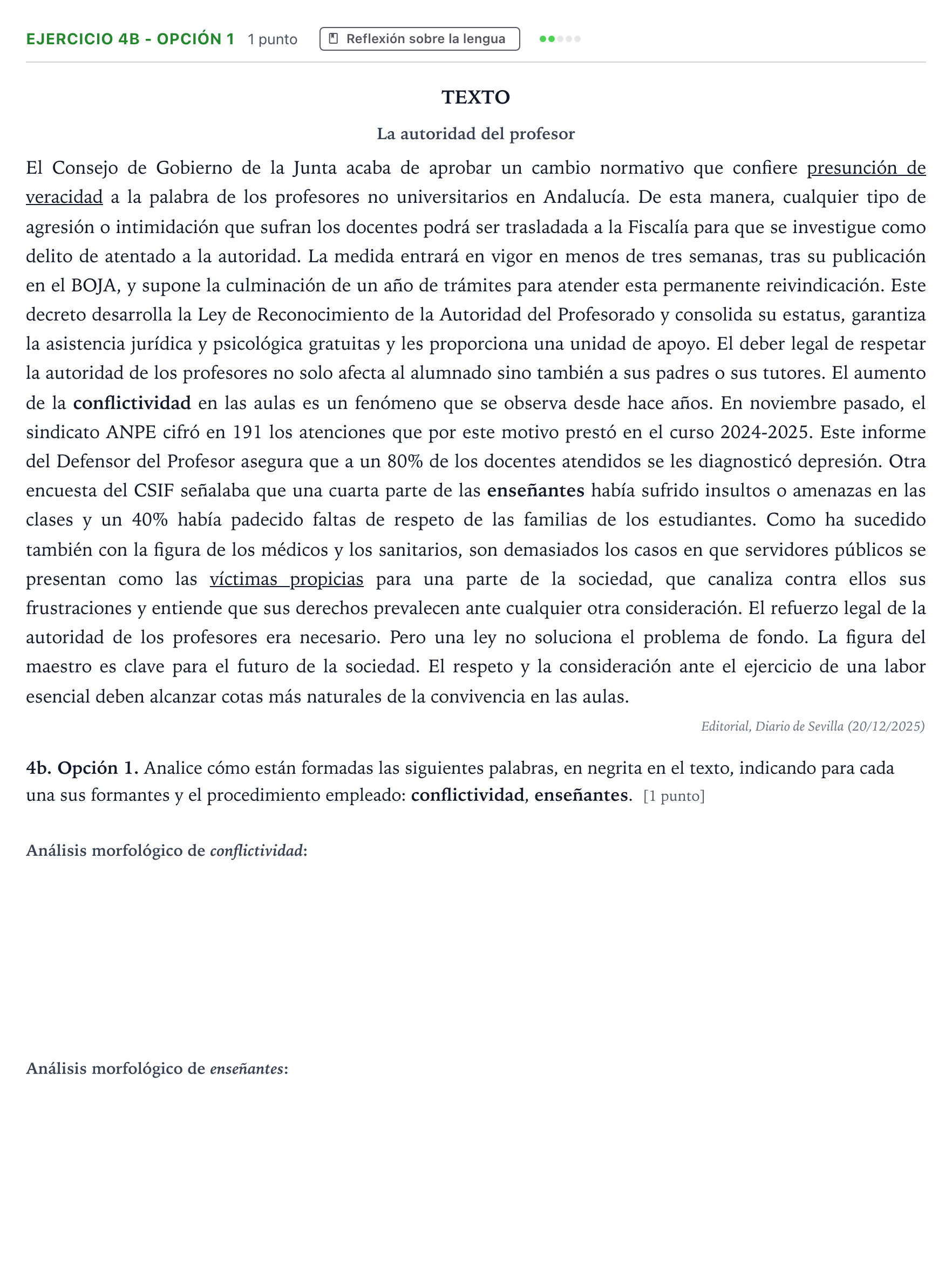 Enunciado: Ejercicio 4b - Opción 1 · Lengua Castellana y Literatura II PAU Andalucía Extraordinaria Titular 2026