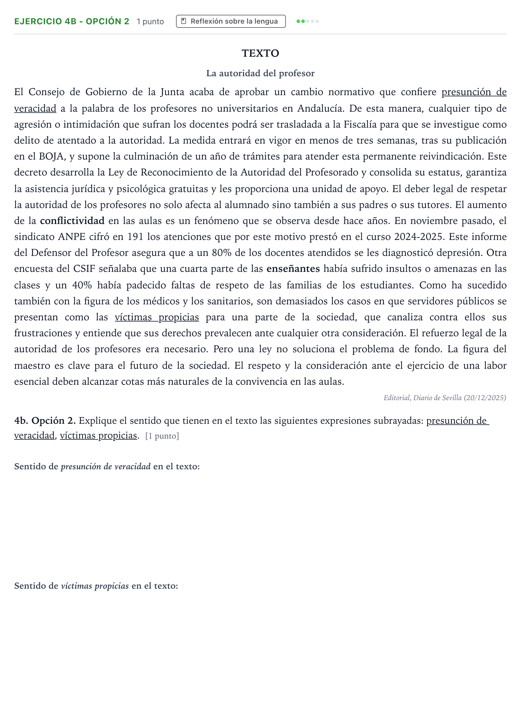 Enunciado: Ejercicio 4b - Opción 2 · Lengua Castellana y Literatura II PAU Andalucía Extraordinaria Titular 2026
