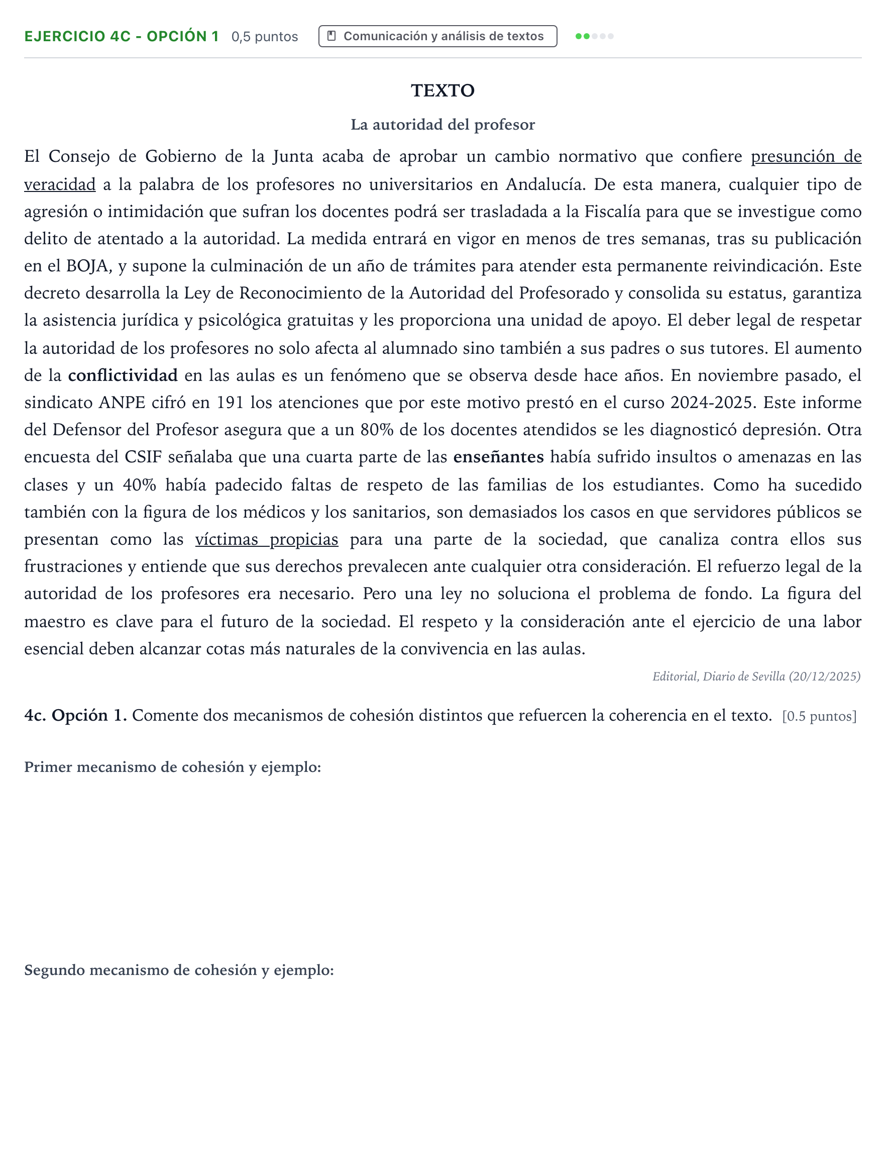 Enunciado: Ejercicio 4c - Opción 1 · Lengua Castellana y Literatura II PAU Andalucía Extraordinaria Titular 2026