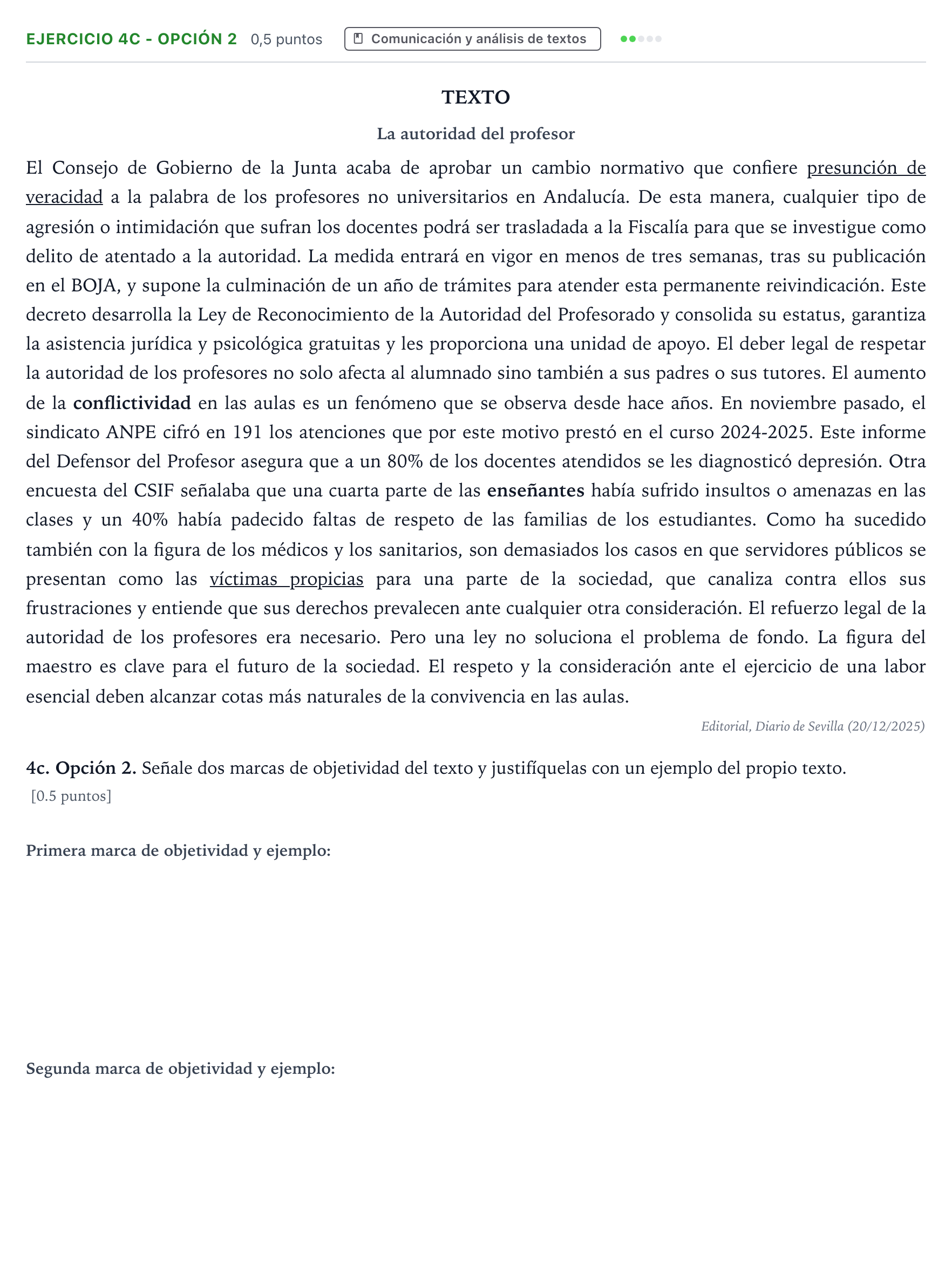 Enunciado: Ejercicio 4c - Opción 2 · Lengua Castellana y Literatura II PAU Andalucía Extraordinaria Titular 2026