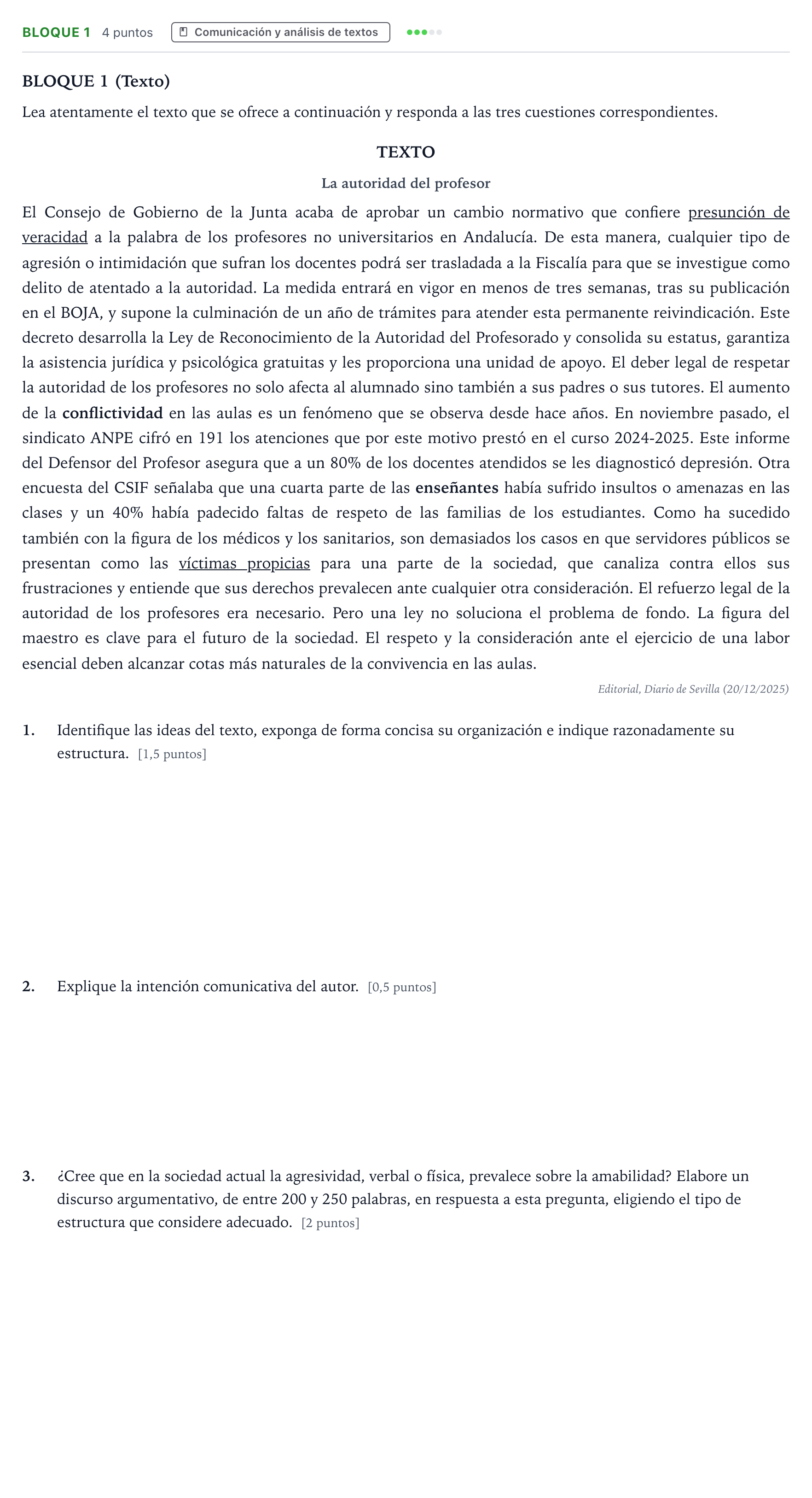 Enunciado: Bloque 1 · Lengua Castellana y Literatura II PAU Andalucía Extraordinaria Titular 2026