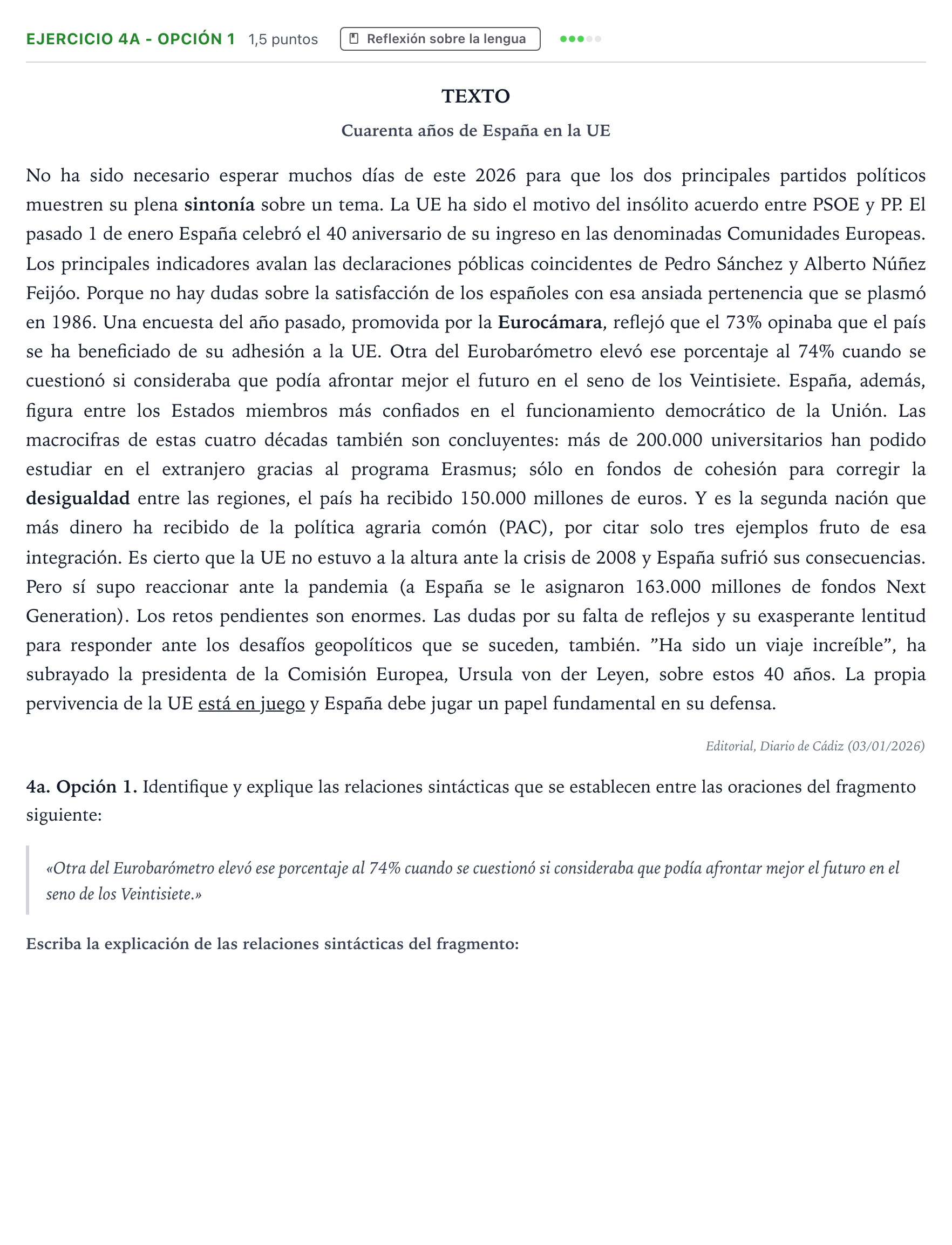 Enunciado: Ejercicio 4a - Opción 1 · Lengua Castellana y Literatura II PAU Andalucía Ordinaria Suplente 2 2026