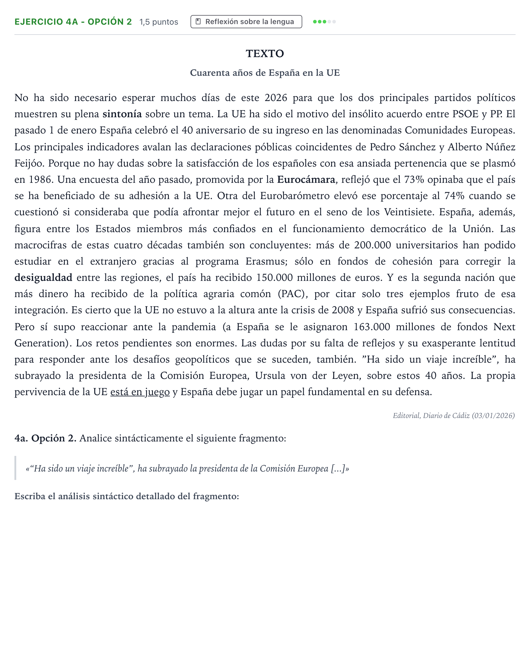 Enunciado: Ejercicio 4a - Opción 2 · Lengua Castellana y Literatura II PAU Andalucía Ordinaria Suplente 2 2026