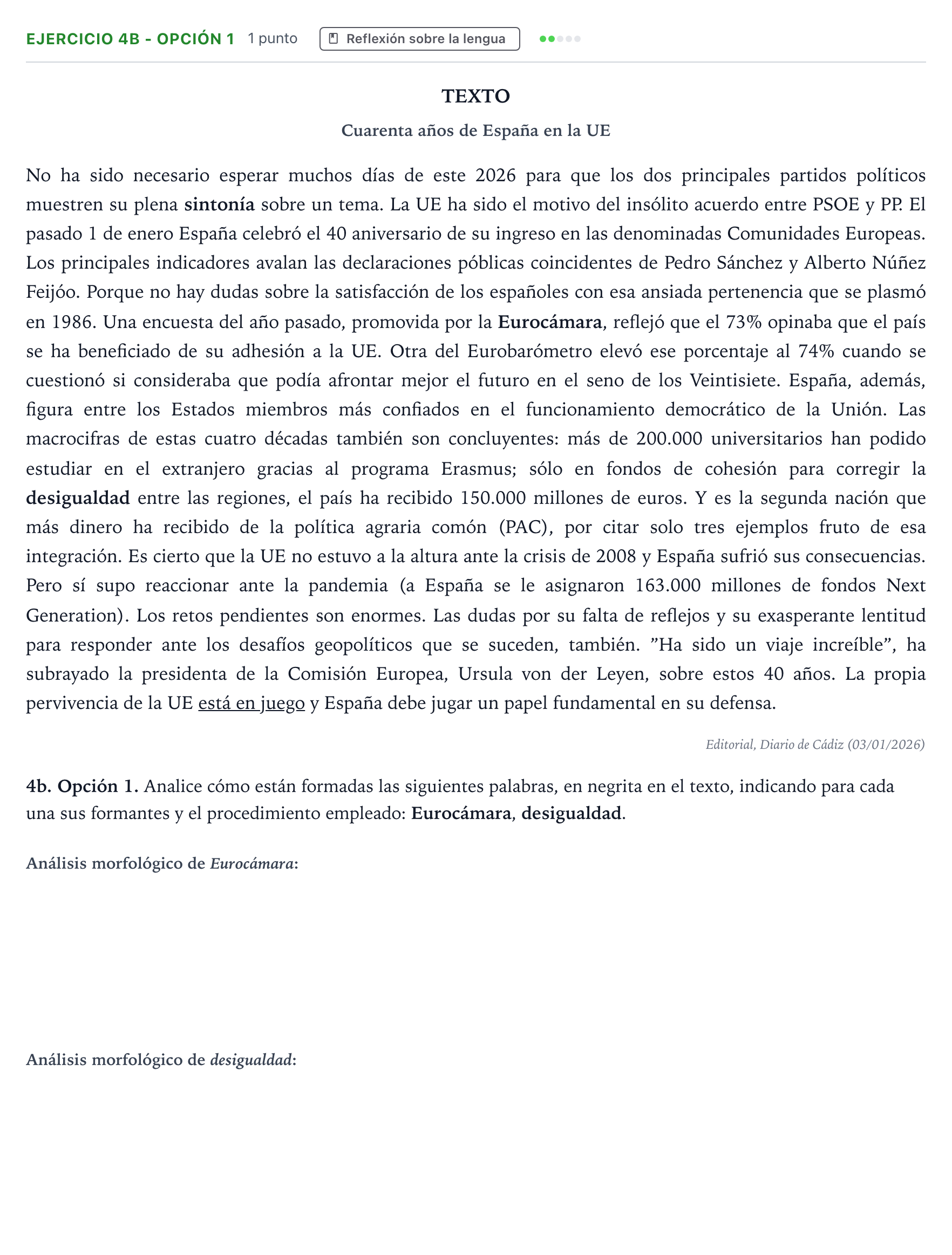 Enunciado: Ejercicio 4b - Opción 1 · Lengua Castellana y Literatura II PAU Andalucía Ordinaria Suplente 2 2026