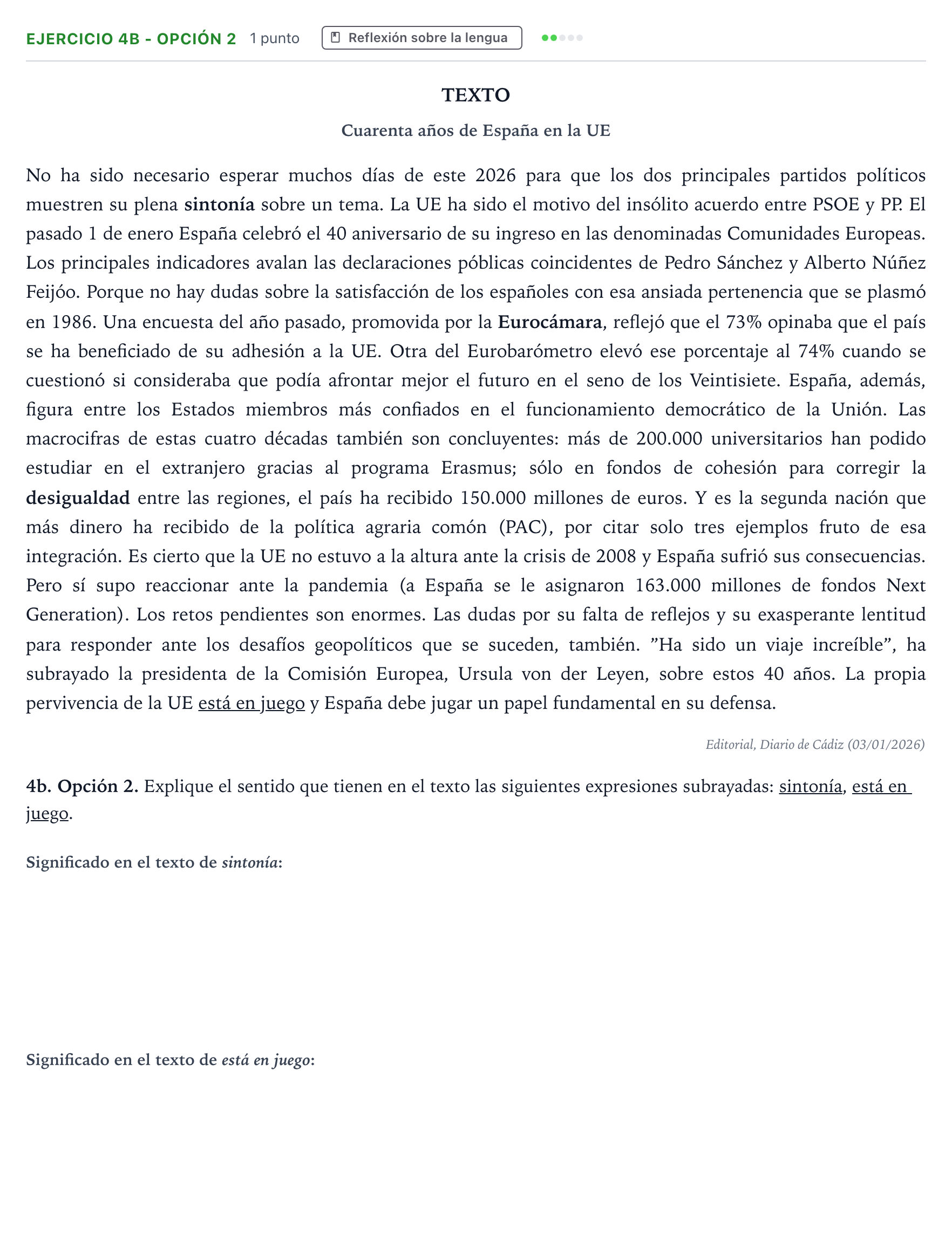 Enunciado: Ejercicio 4b - Opción 2 · Lengua Castellana y Literatura II PAU Andalucía Ordinaria Suplente 2 2026