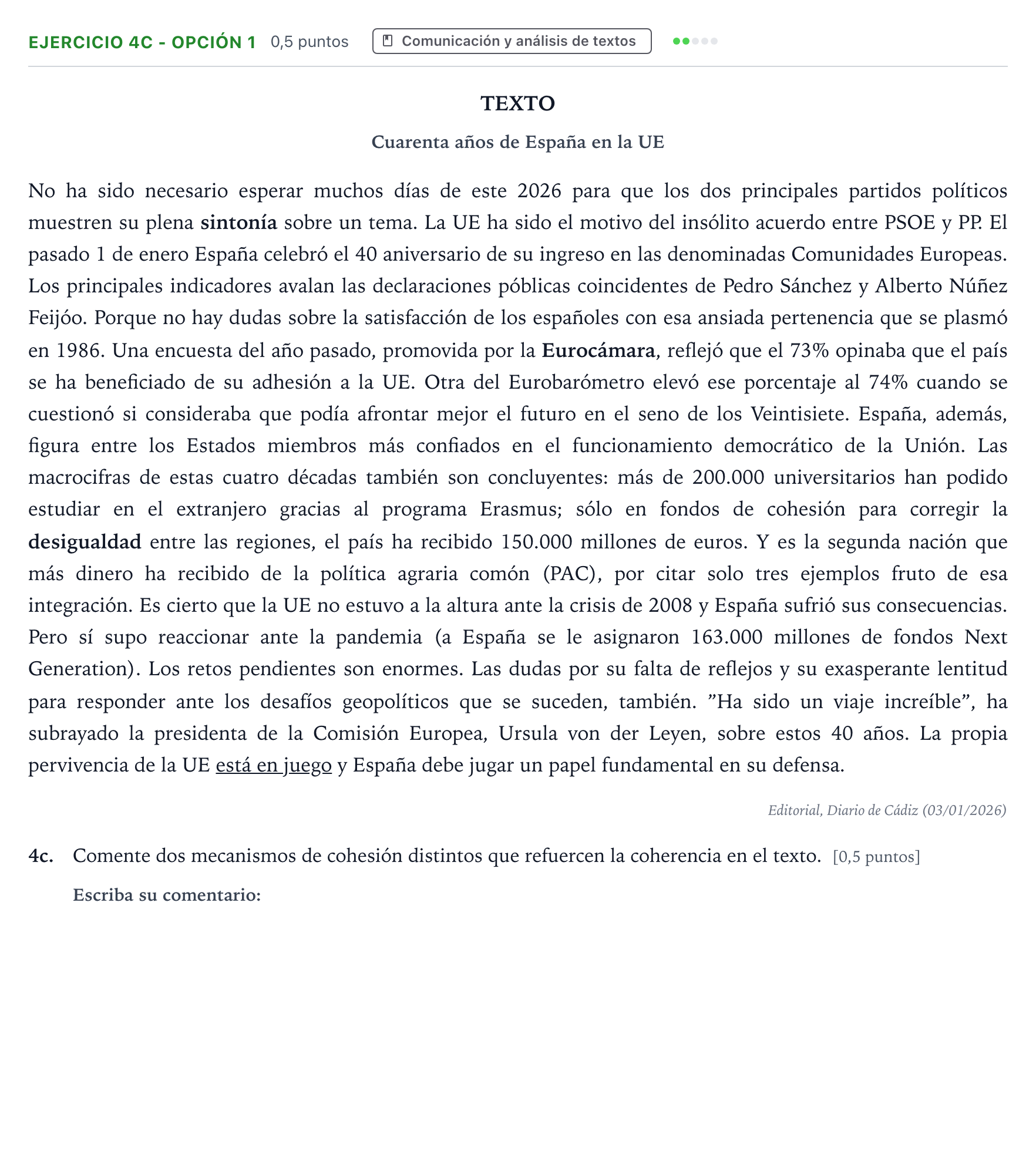 Enunciado: Ejercicio 4c - Opción 1 · Lengua Castellana y Literatura II PAU Andalucía Ordinaria Suplente 2 2026